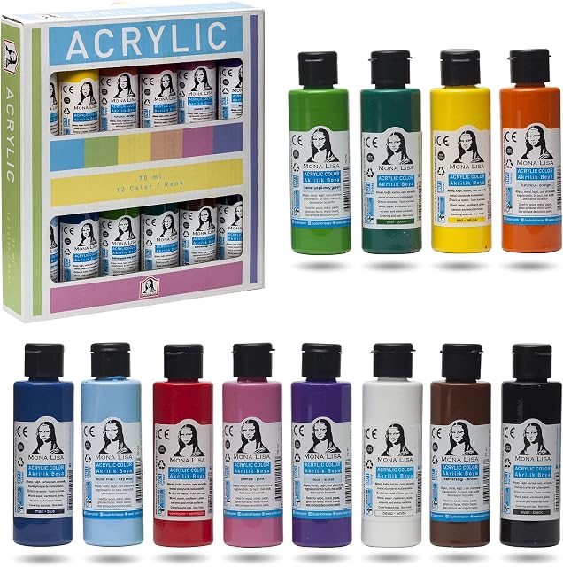 südor kırtasiye 1955 Monalisa Acrylic Paints Set (Blue Sky) 12 Colours 70 ml for Painting on Wood Stone and Canvas for Children Adults Hobby Painters and Students