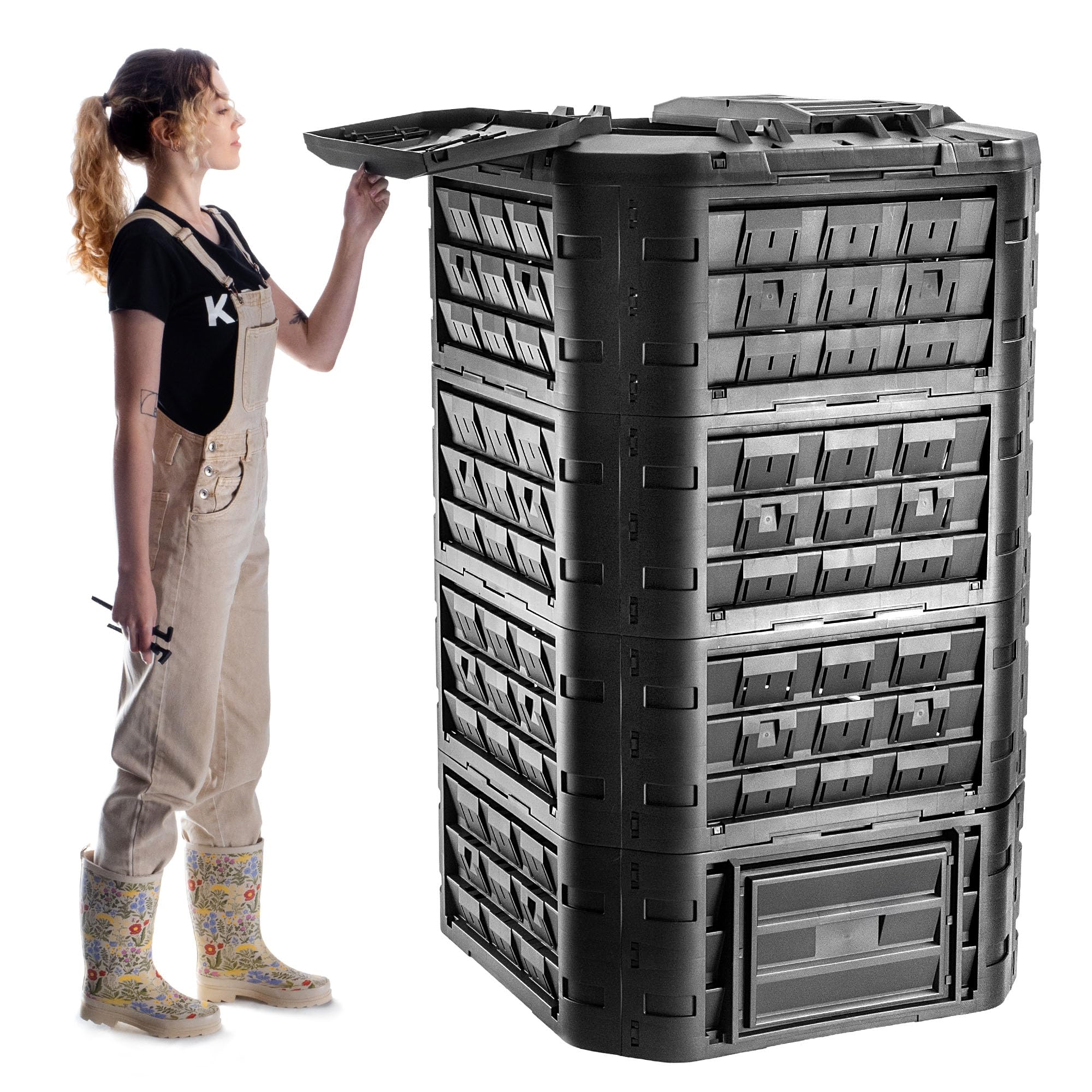 KADAX Compostador modular para residuos de jardín, compostador de plástico, contenedor de compostaje con ventilación y riego, contenedor de compostaje rápido (negro 1250 L)