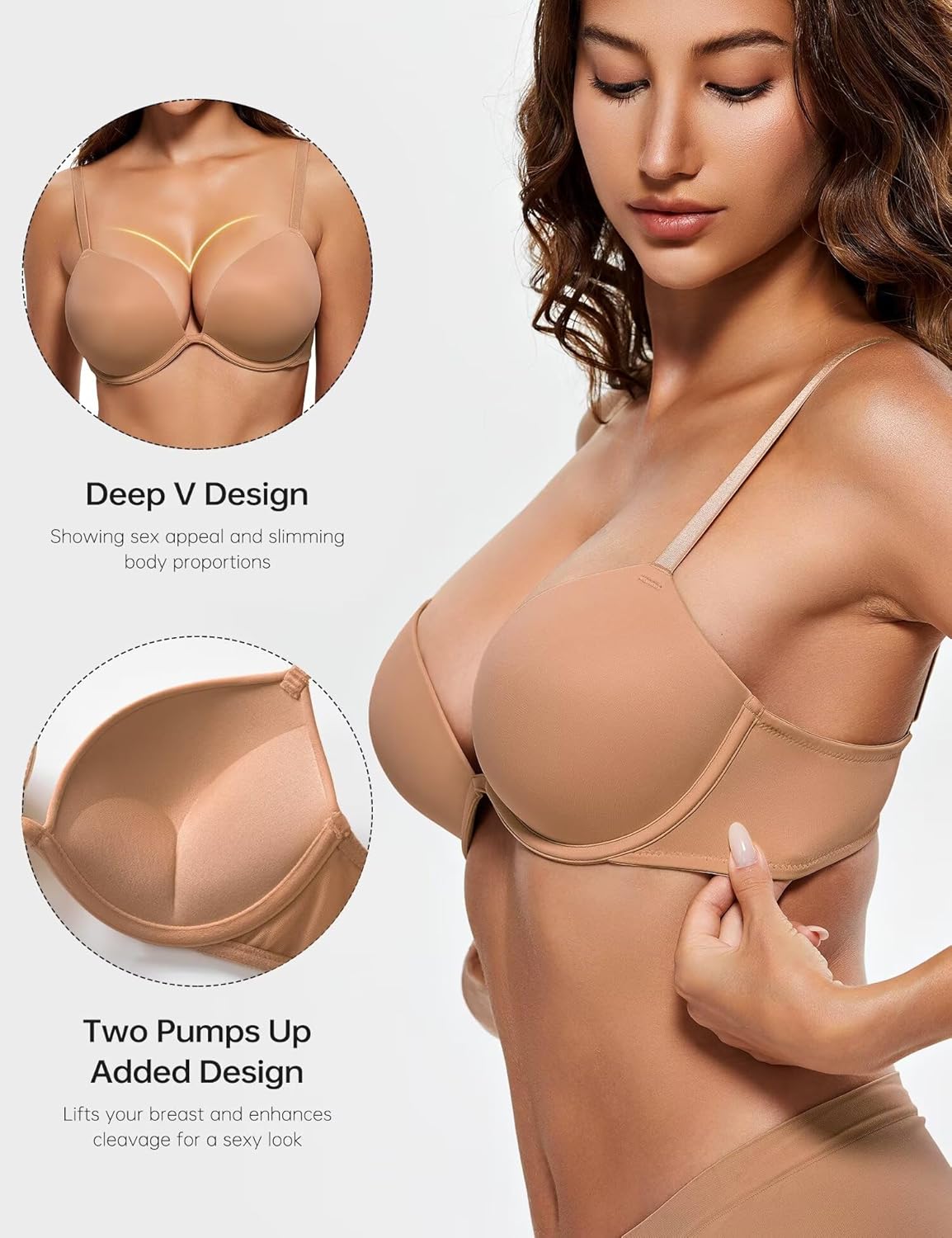 Wingslove Women's Push Up Bra Deep V Plunge Underwire T-Shirt Bra Multiway 2 Cups Up Brown 36D