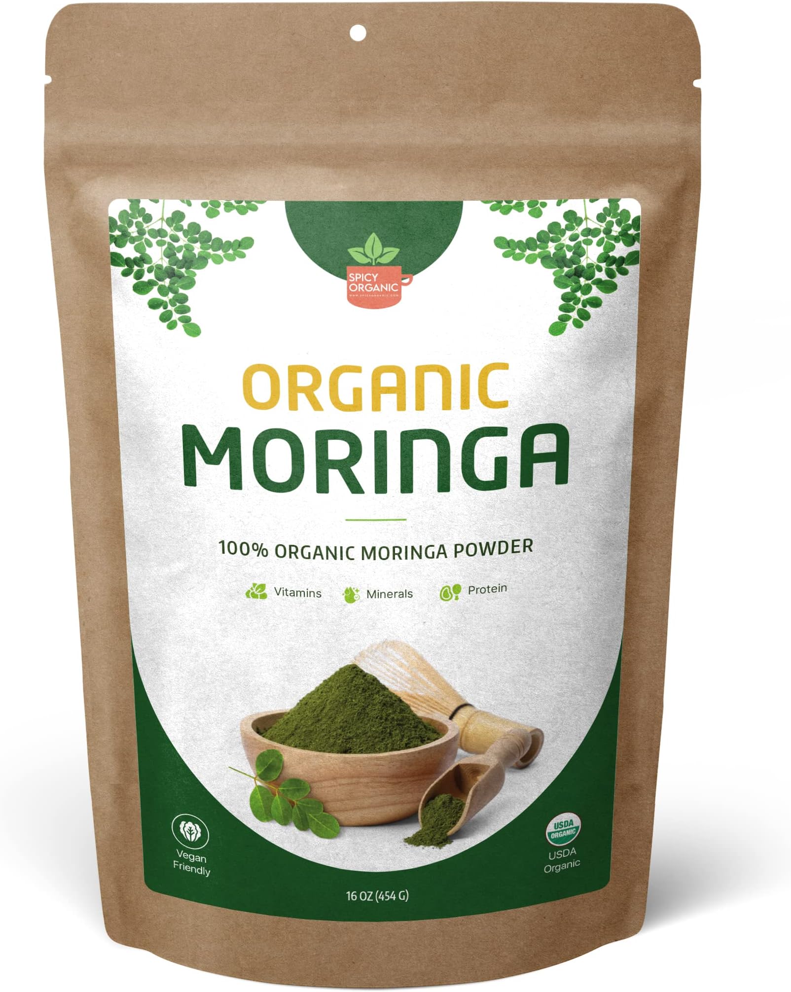 Organic Moringa Leaf Powder โ USDA Certified Green Superfood | Natural Energy & Immune Support โ Vegan, Non-GMO, Gluten-Free โ Pure Raw Moringa for Smoothies, Teas, Cooking โ 16oz Resealable Pouch