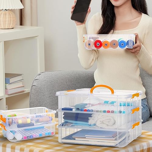 Miniatura 7 de Paquete de 6 recipientes de almacenamiento de plástico de 3 niveles de 2 tamaños con tapas, organizador de suministros de arte con asa, caja de