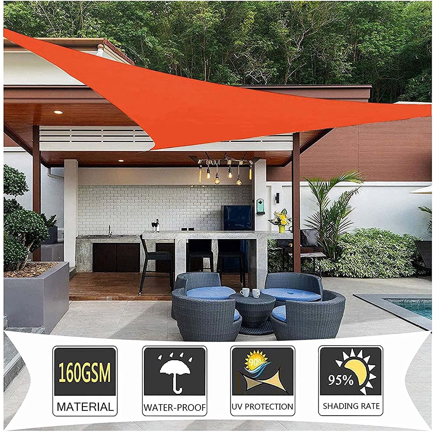 Tenda parasole triangolare con kit, ideale per laghetto, terrazza, giardino, piscina e lago (Colore: Arancione, Dimensioni: 3x4x5m)