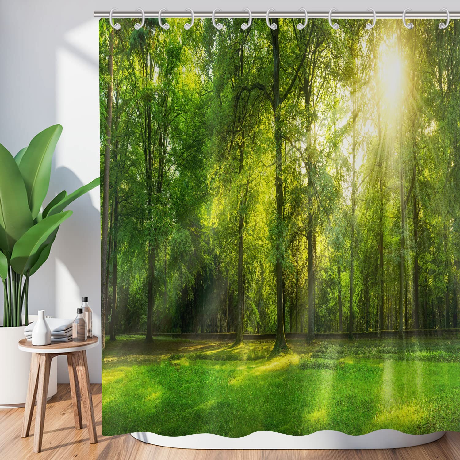 Cortina de ducha bosque 180x200, Hnmdmyi verde selva árboles altos sol cortinas de ducha naturaleza paisaje 3D paisaje cortina de baño tela de poliéster impermeable lavable cortina de baño con ganchos