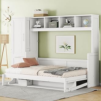 YOPTO Full Size Murphy Bed Cabinet with Closet and Drawers,Hidden Folding Wall Bed Frame,Wood Platform Bed Chest,Space-Saving,Easy Assembly,for Bedroom,Guest Room,Home,Office,White