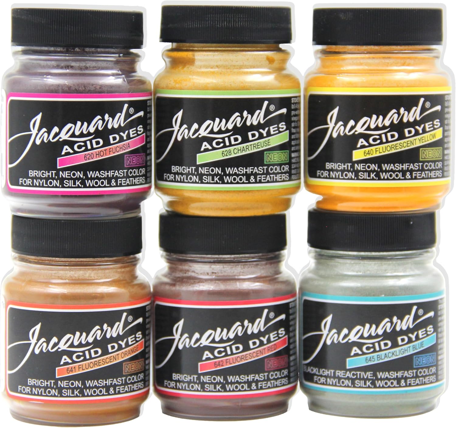 Jacquard Acid Dye 6 Color Neon Set Jacquard Acid Dye - 1/2 Oz Net Wt Each Color- Acid Dye for Wool - Silk - Feathers - and Nylons - Brilliant Colorfast and Highly Concentrated