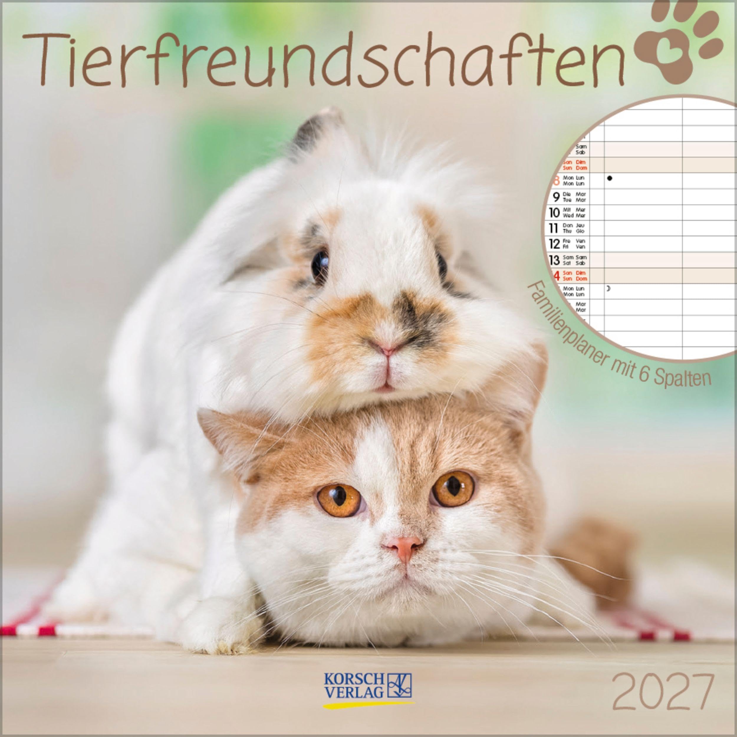 Tierfreundschaften - Familientimer 2027: Broschürenkalender mit Ferienterminen. Format: 30 x 30 cm