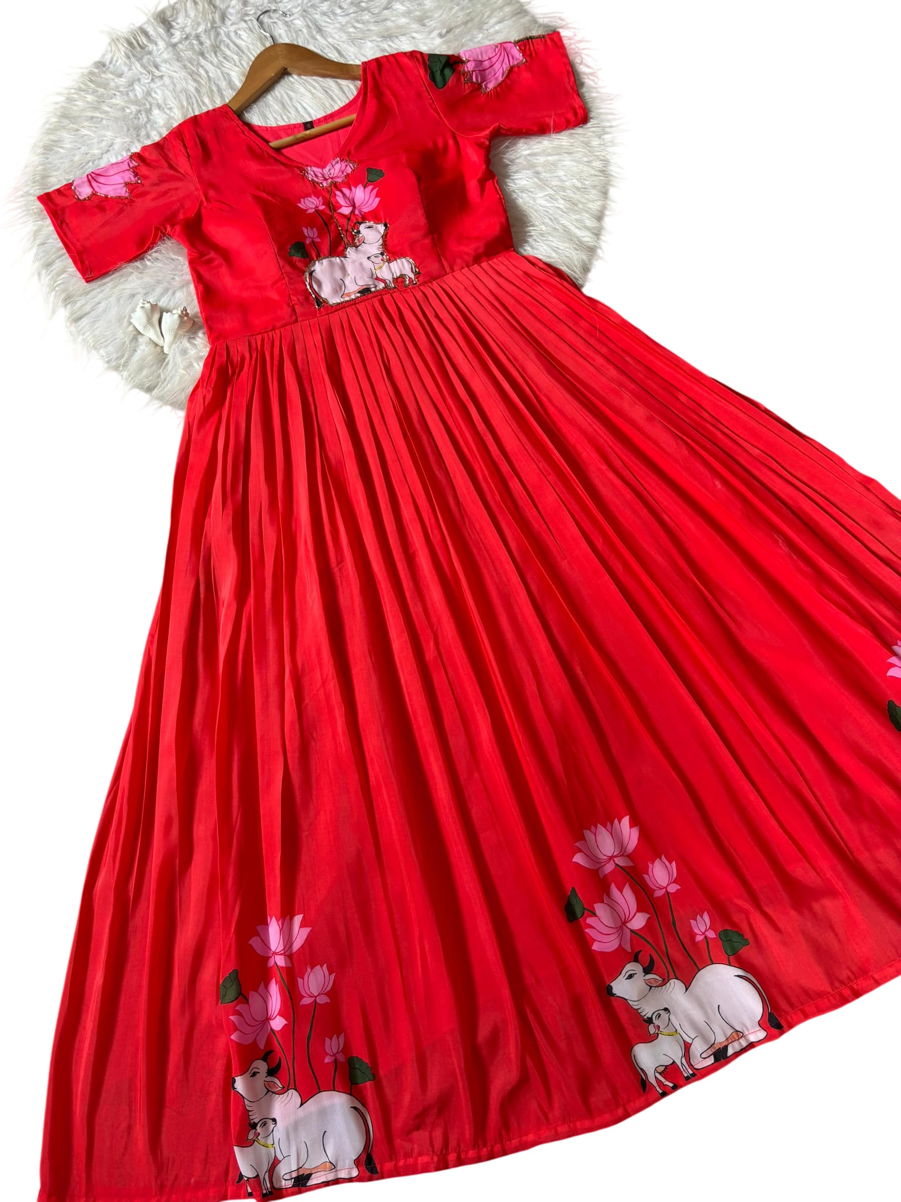 Black Anarkali Gown with Pichwai Print, Lotus and Cow Motif, V-Neck, Flared Ethnic Maxi Dress (in, Alpha, M, Ornge)-image-3