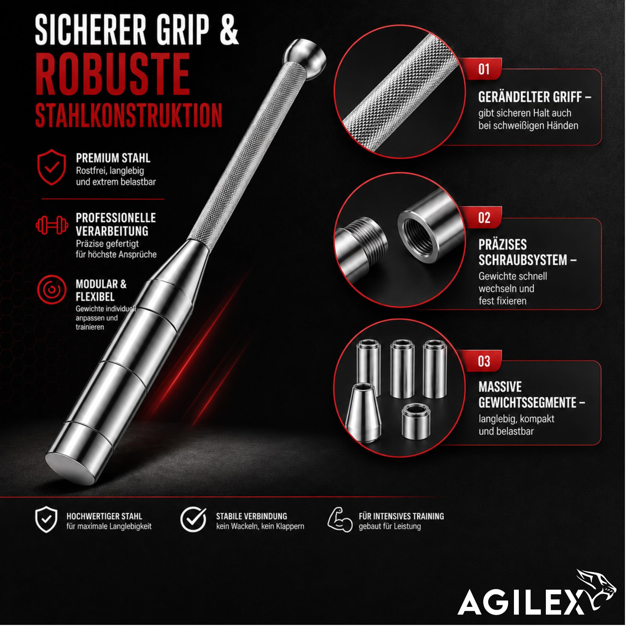 AGILEX verstellbare Indian Clubbell/Macebell 3–8 kg aus Stahl