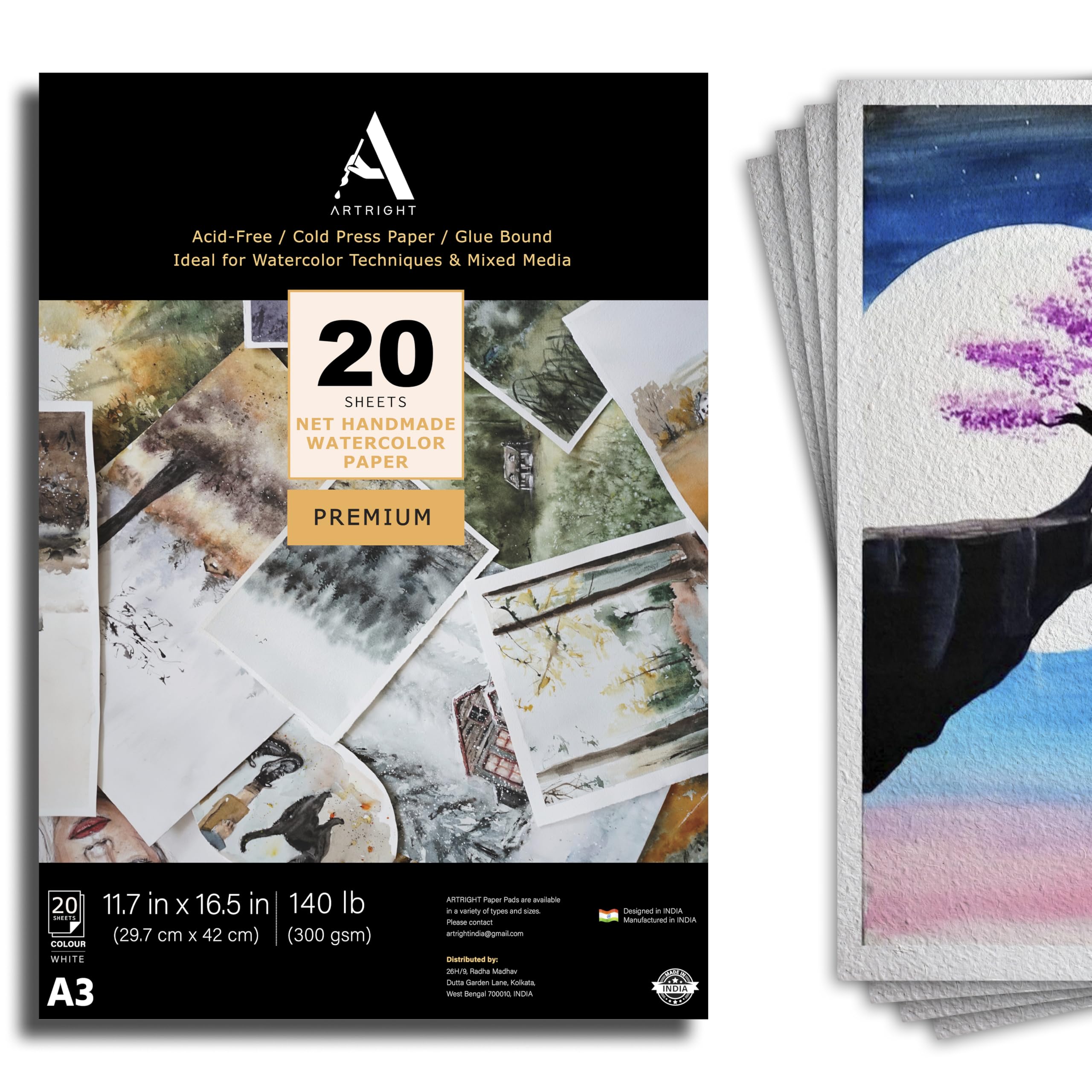 ArtRight White Net Handmade Papers (280 GSM) Ultra Premium fine Textured Dotted Handmade Watercolor Papers for Watercolour, Acrylic, Ink and Mixed Media (A3-20)