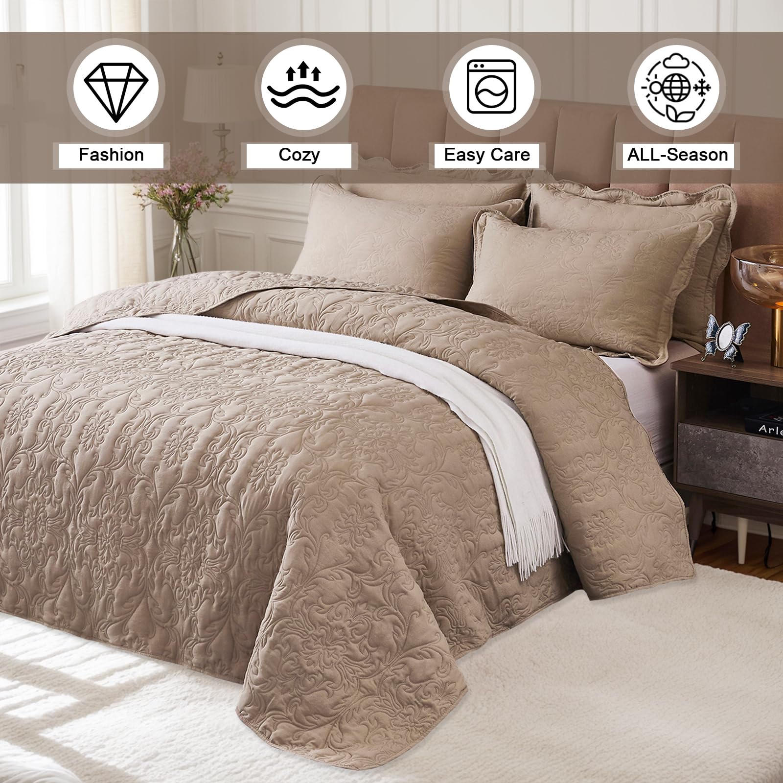 OKYUK 3-Piece Queen Quilt Set Quilted Bedspread Oversized Microfiber Lightweight Coverlet Set including Shams Reversible Printed Coverlet Bedding Set for All Season,220x240cm (Light camel - Image 2