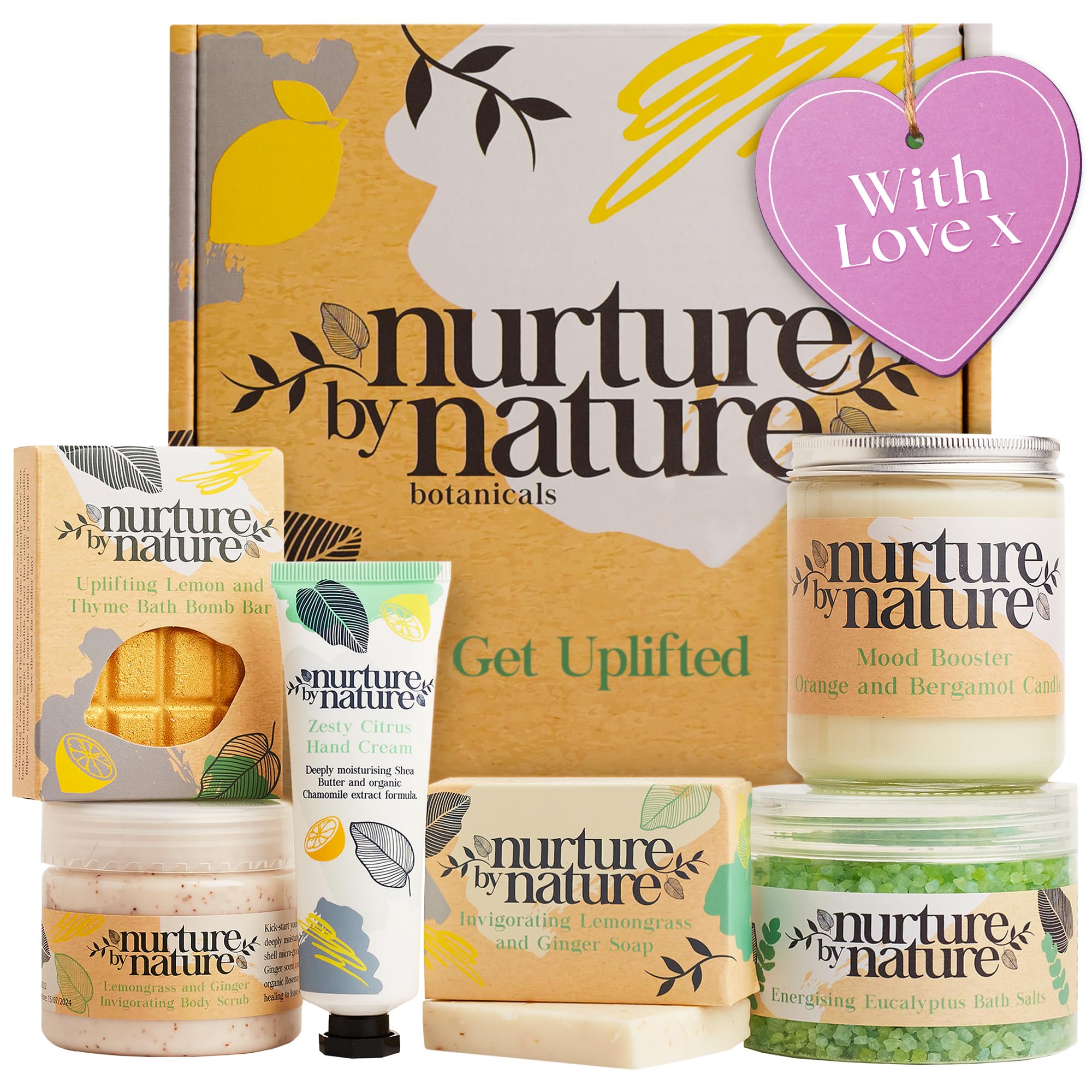 NURTURE BY NATURE Spa Gift Set – 6 Piece Uplifting Pamper Gift Set for Women with Soap, Body Scrub, Hand Cream & Candle – Vegan - Valentines Gifts for Her, Mothers Day Gifts, Self Care Birthday Gift