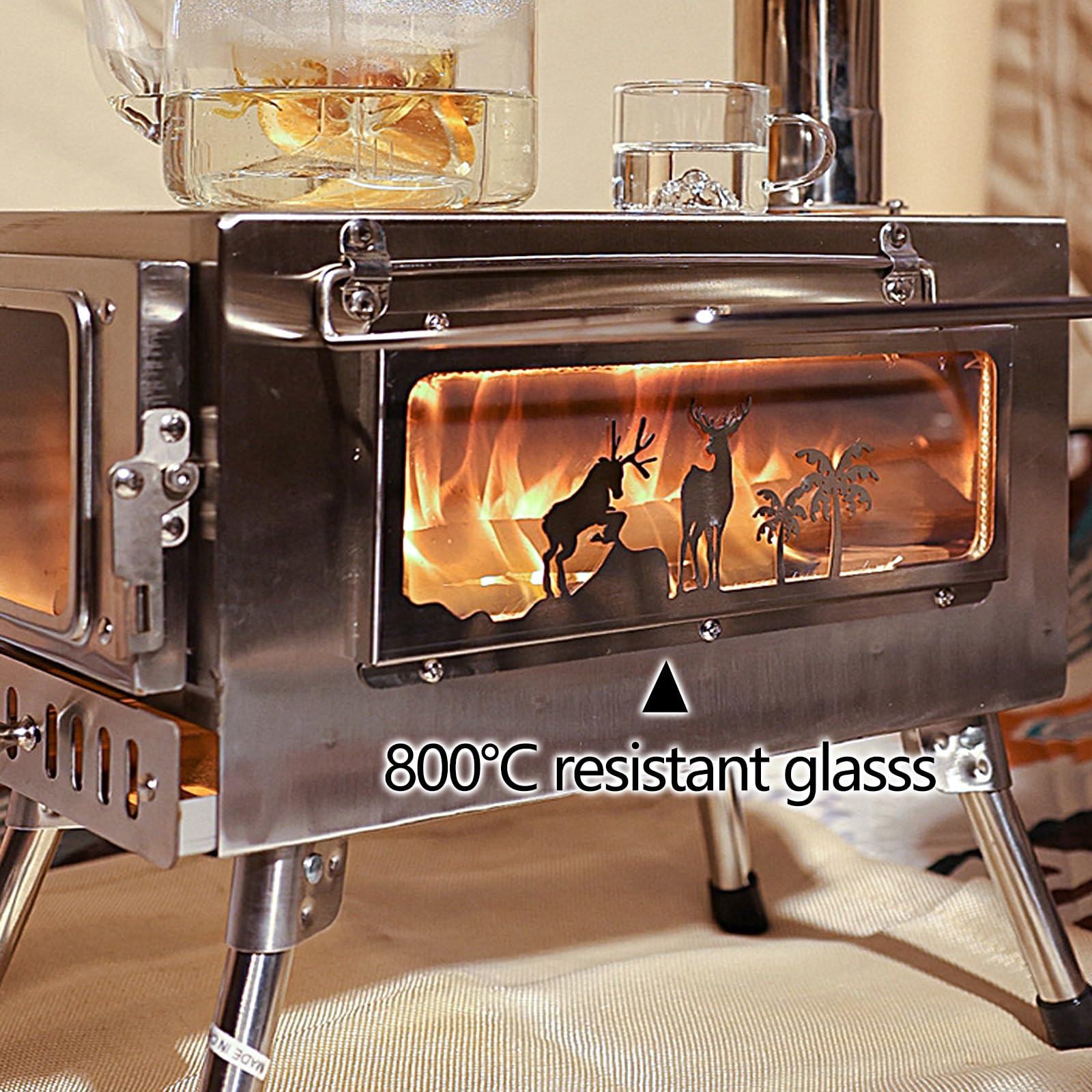 Poele a Bois Portable Pliable Rechaud Camping en Acier Inoxydable avec Conduit de Fumée et Crochet À Feu pour Le Camping, La Cuisines, Les Grillades, La Randonnée, La Pêche, La Chasse(54*44*35.1cm)