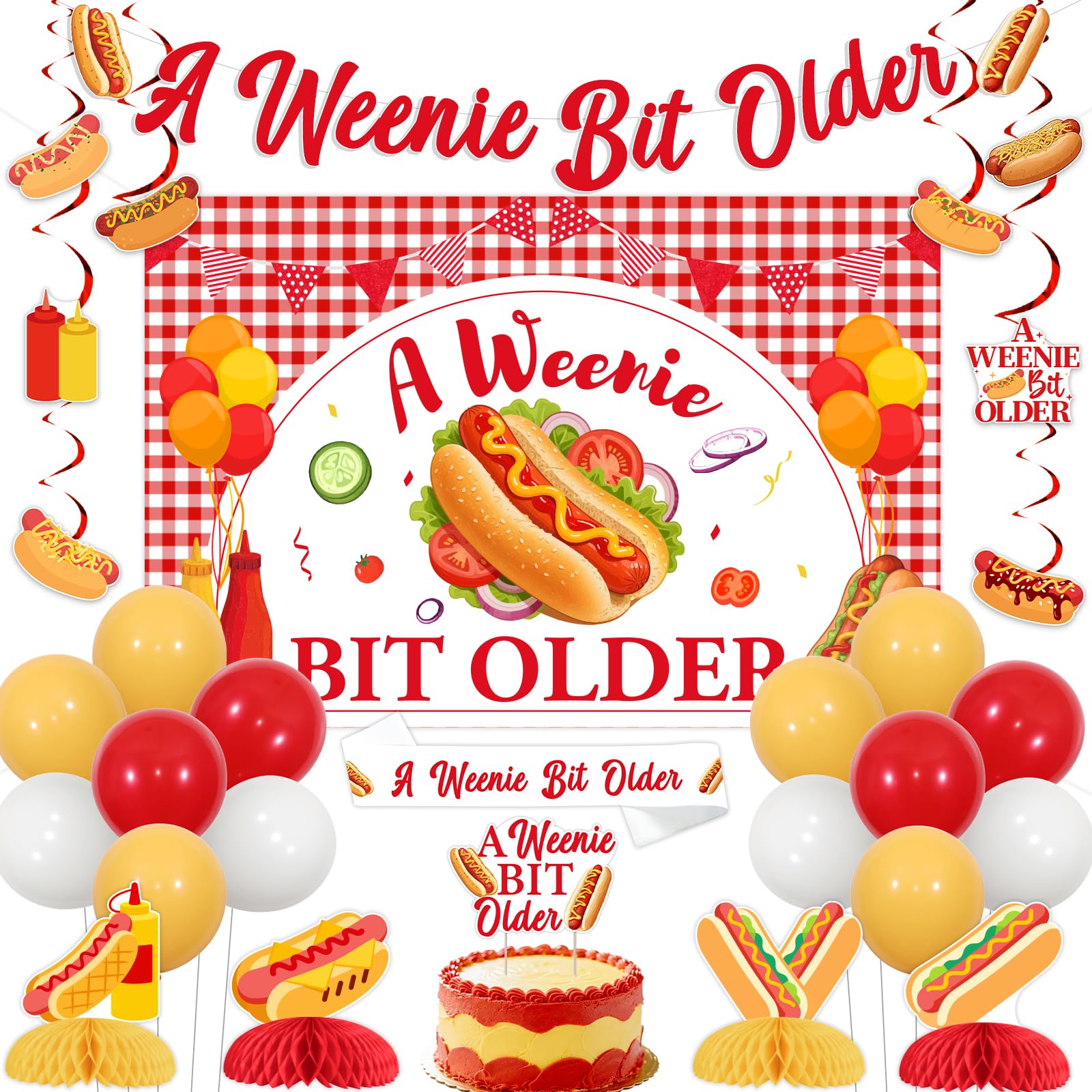 Jollyboom a Weenie Bit Older Birthday Decorations, Hot Dog Decorations Backdrop Banner Cake Topper Balloons Hanging Swirls Ceiling Streamers Table Honeycomb Centerpieces Sash for Weenies And Tinies