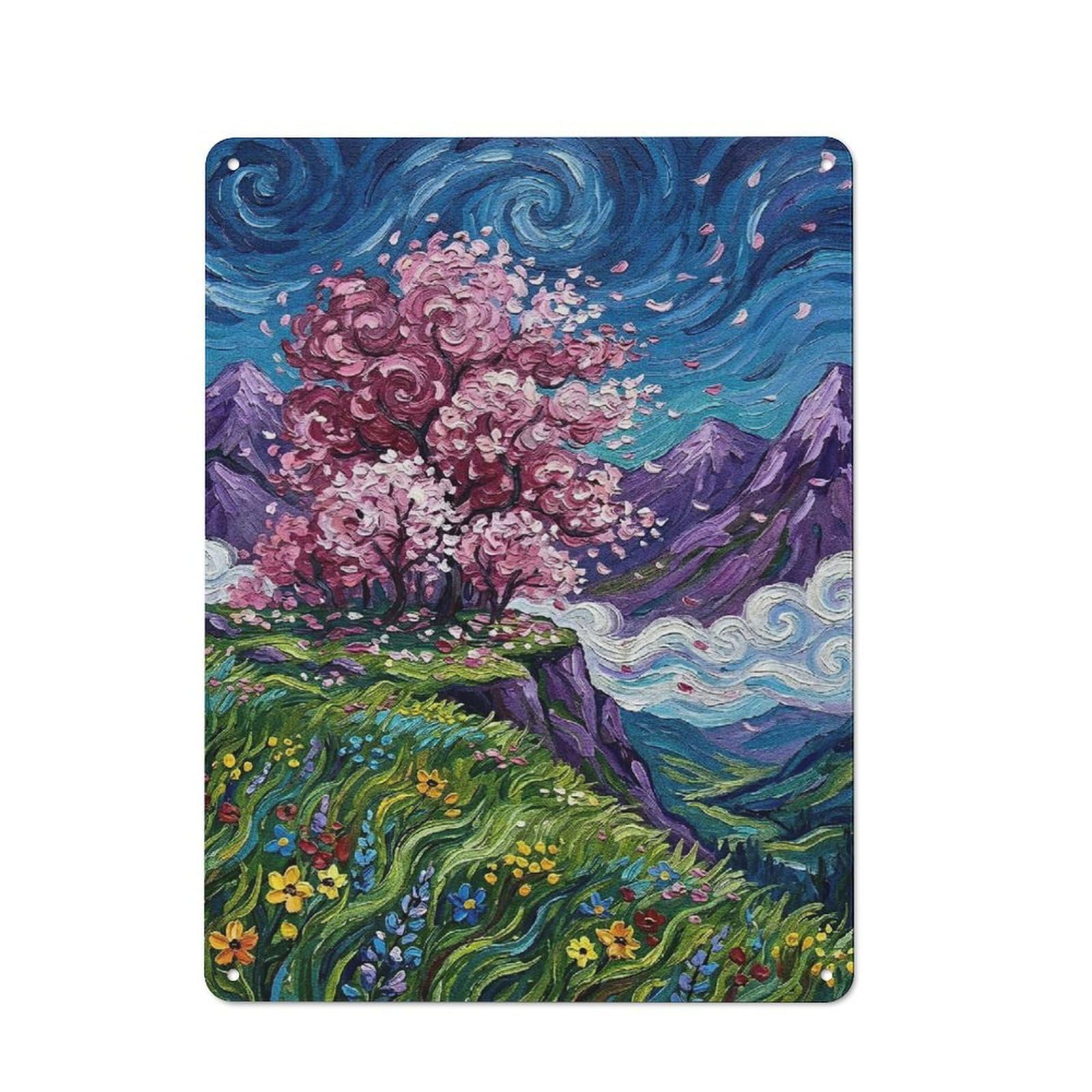 Junmoney Style-22 Cherry Blossom Tree Landscape Painting Printed Metal Sign 40X30cm For Bar Or Restaurant, New Home Wall Decor For Hospitality Decor Collectors