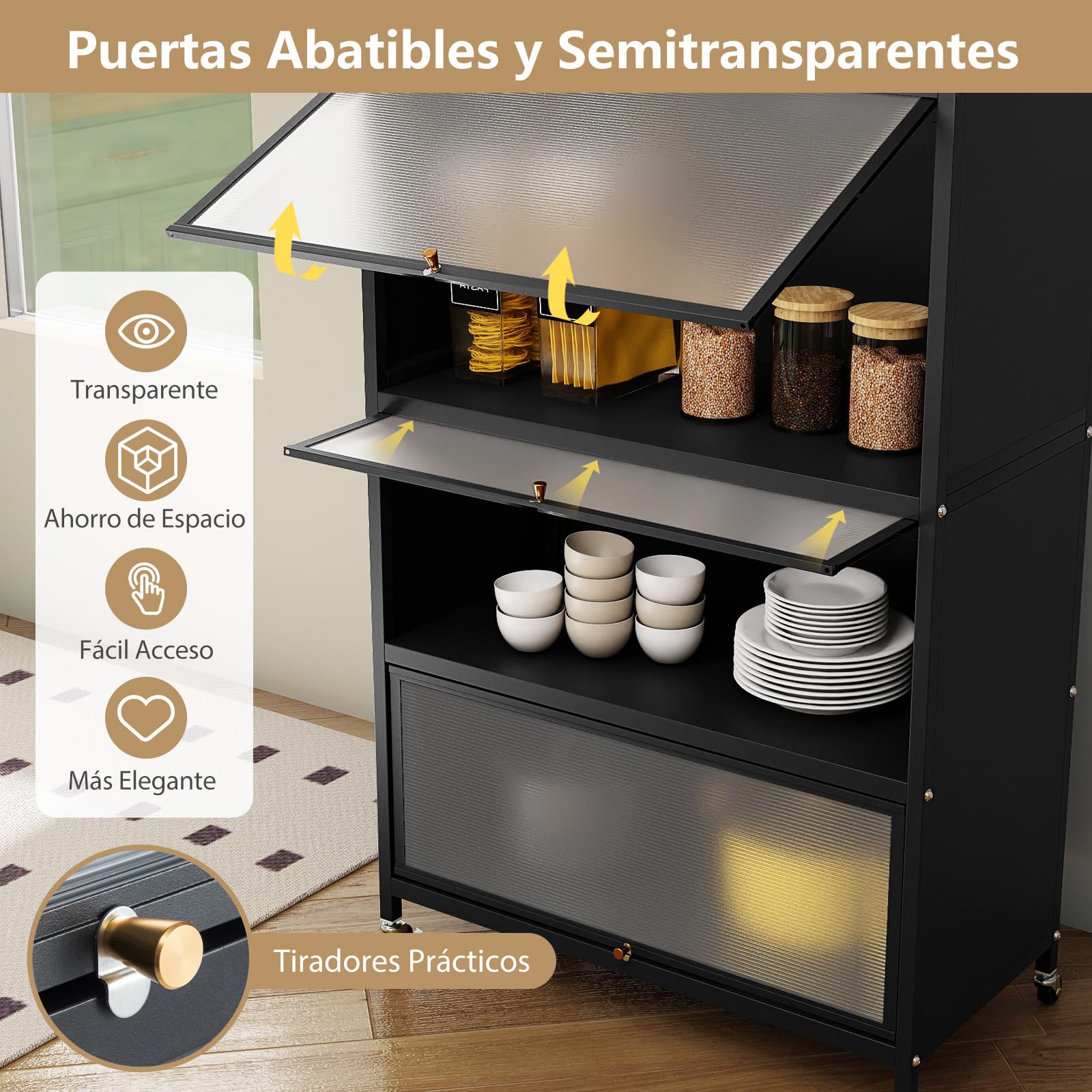 GIANTEX Aparador Buffet de Cocina con 4 Compartimentos, Armario de Metal con Puertas Abatibles, 4 Ganchos y 4 Ruedas y 4 Patas, Kit Antivuelco, 80,5x40x162cm, Estantería para Comedor, Salón (Negro)