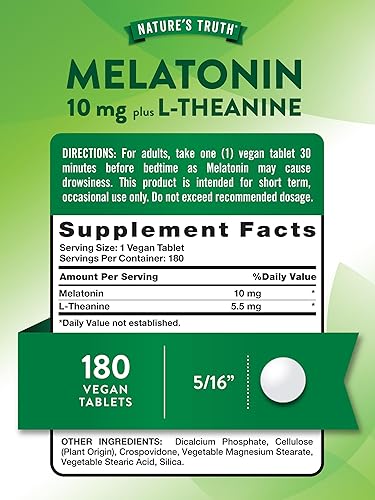 Miniatura 2 de Tabletas de melatonina  10 mg  180 unidades  Suplemento 100% libre de medicamentos para adultos  Vegetariano, sin OMG y sin gluten  con L-teanina