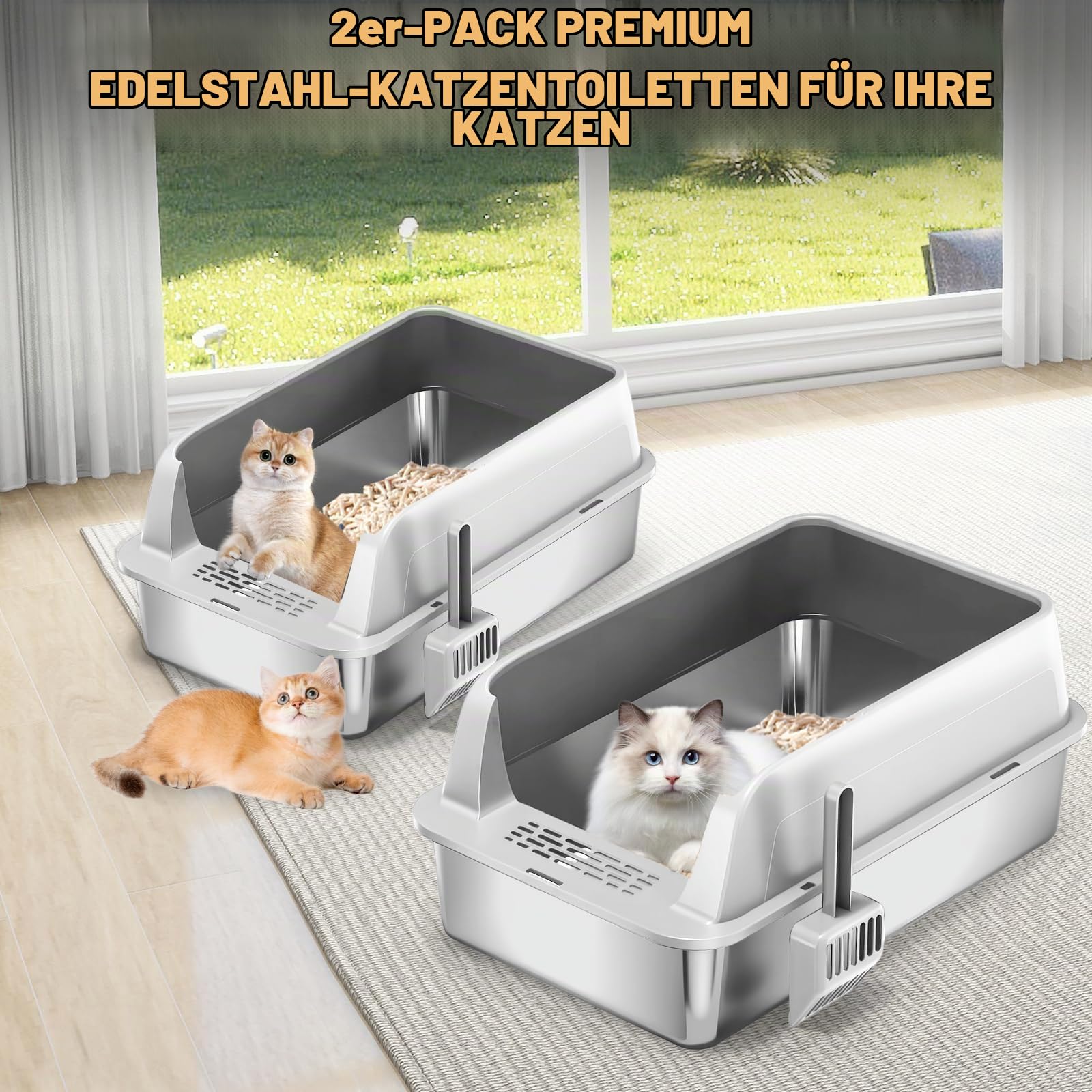 Homegroove 2er Set Edelstahl Katzenklo, 58 x 38 x 28 cm XL Metall Toilette für große Katzen mit Deckel & hohem Rand, inkl. Schaufel, leicht zu reinigen (Hellgrau)