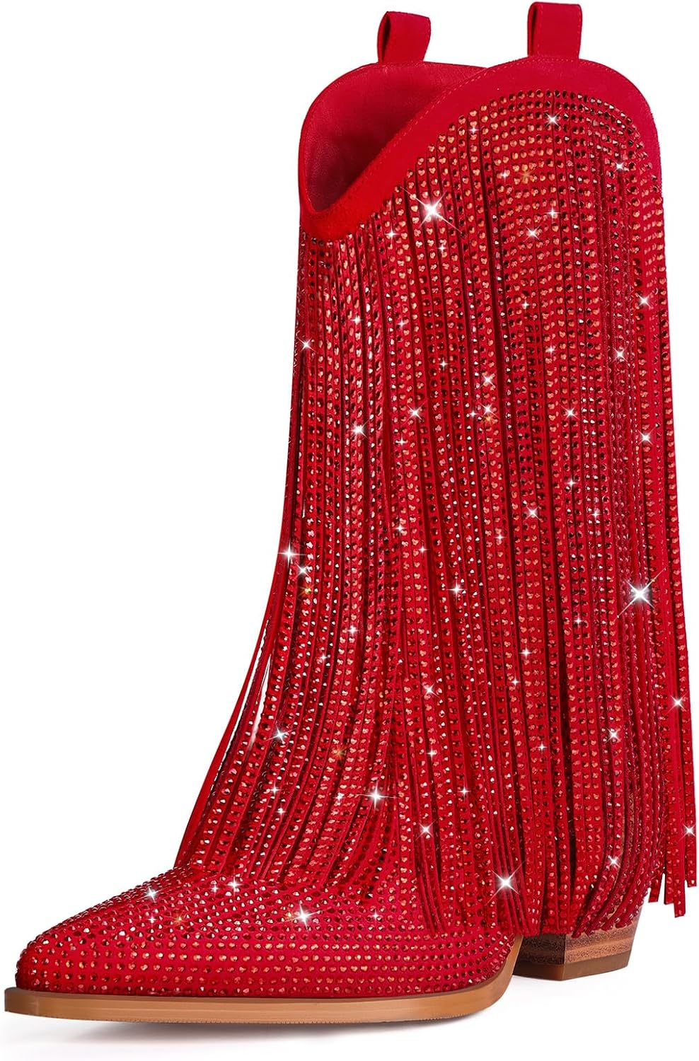 Ouepiano Cowboy Boots for Women - Cowgirl Rhinestone Boots with Sparkly Fringe Pointed Toe Western Boot Chunky Heel Pull-On Wide Calf Botas Vaqueras