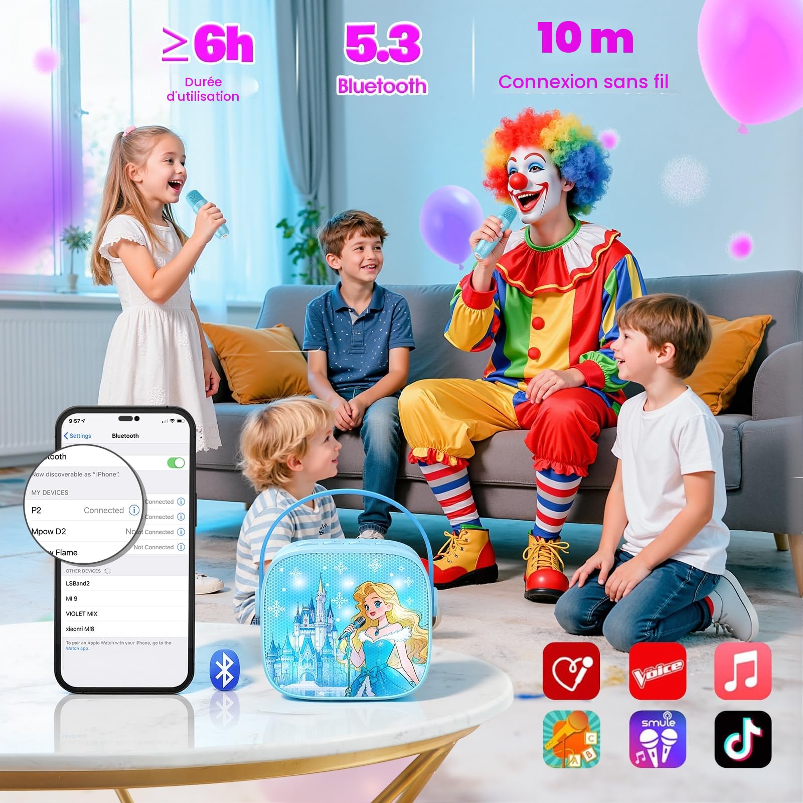 Braxel Micro Karaoke Enfant, Kit Karaoké Bluetooth Thème La Reine des Neiges avec 2 Micros, Effets Vocaux et Lumières LED, Haut-Parleur Portable, pour Filles 3-12 Ans (Bleu)