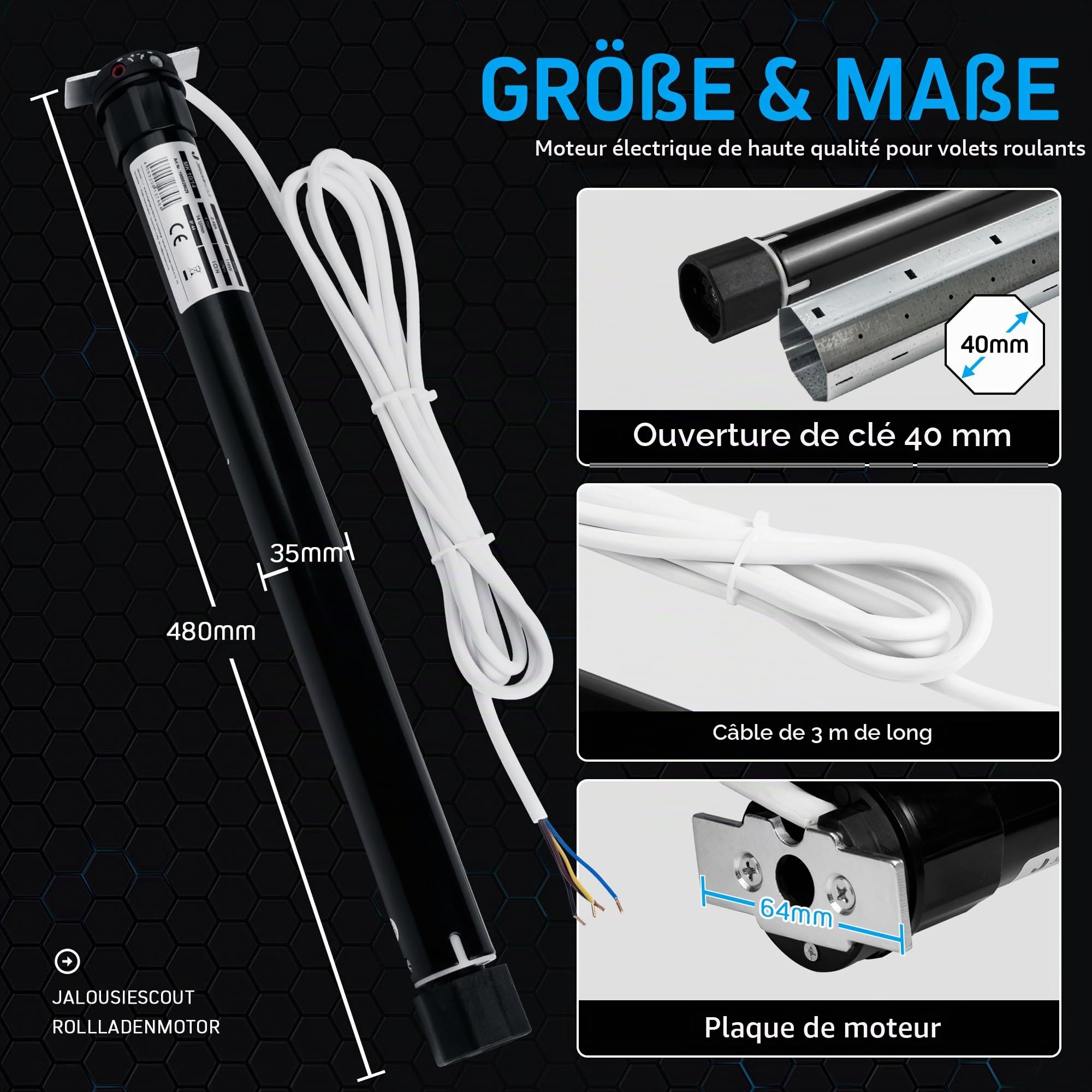 Jalousiescout Moteur de Volet Roulant Tubulaire MK 10/14 électromécanique 10 Nm, pour Arbre de Volet Roulant Octogonal de 40 mm (SW40), avec Fins de Course Mécaniques, Protection Contre La Surcharge