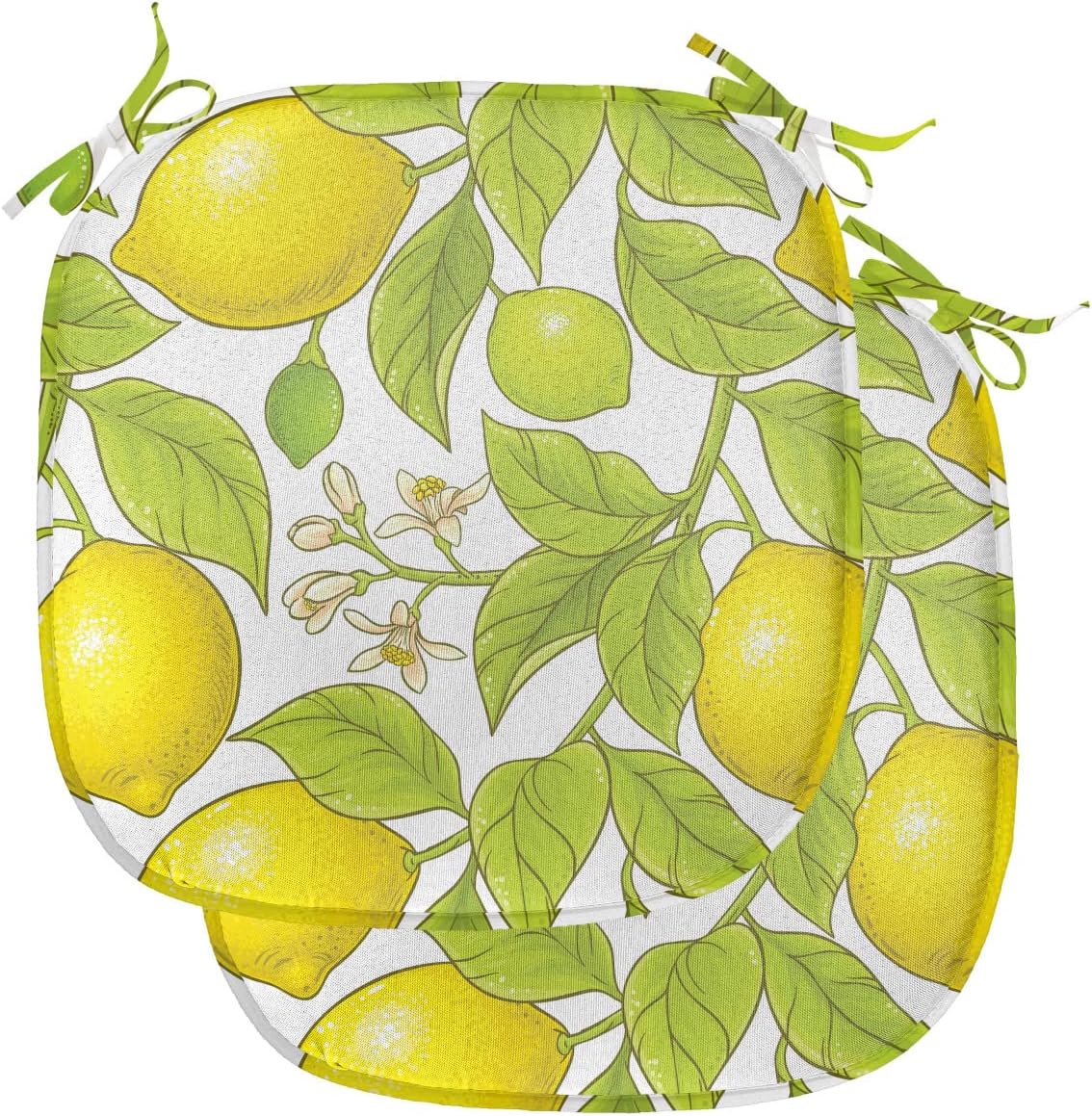 Lunarable Food Chair Seating Cushion Set of 2, Citrus Motifs from Lemon Branches and Blossoms Natural Art Illustration, Anti-Slip Seat Padding for Kitchen & Patio, 16"x16", Yellow and Apple Green