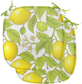 Lunarable Food Chair Seating Cushion Set of 2, Citrus Motifs from Lemon Branches and Blossoms Natural Art Illustration, Anti-Slip Seat Padding for Kitchen & Patio, 16"x16", Yellow and Apple Green