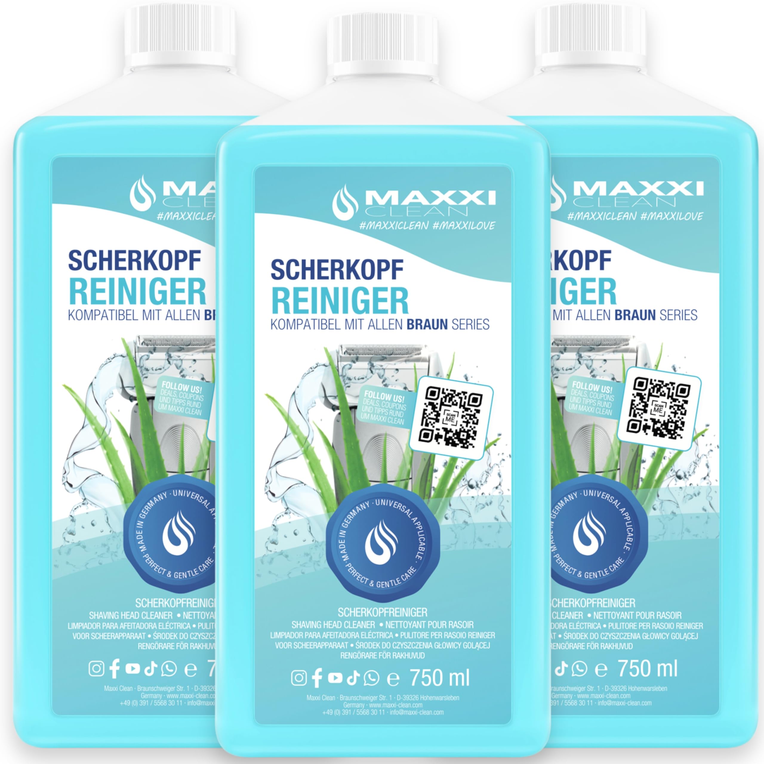 Maxxi Clean | 3 x 750 ml di liquido di ricarica per cartuccia di pulizia, liquido detergente compatibile con stazione di pulizia marrone, spray detergente con profumo di aloe vera