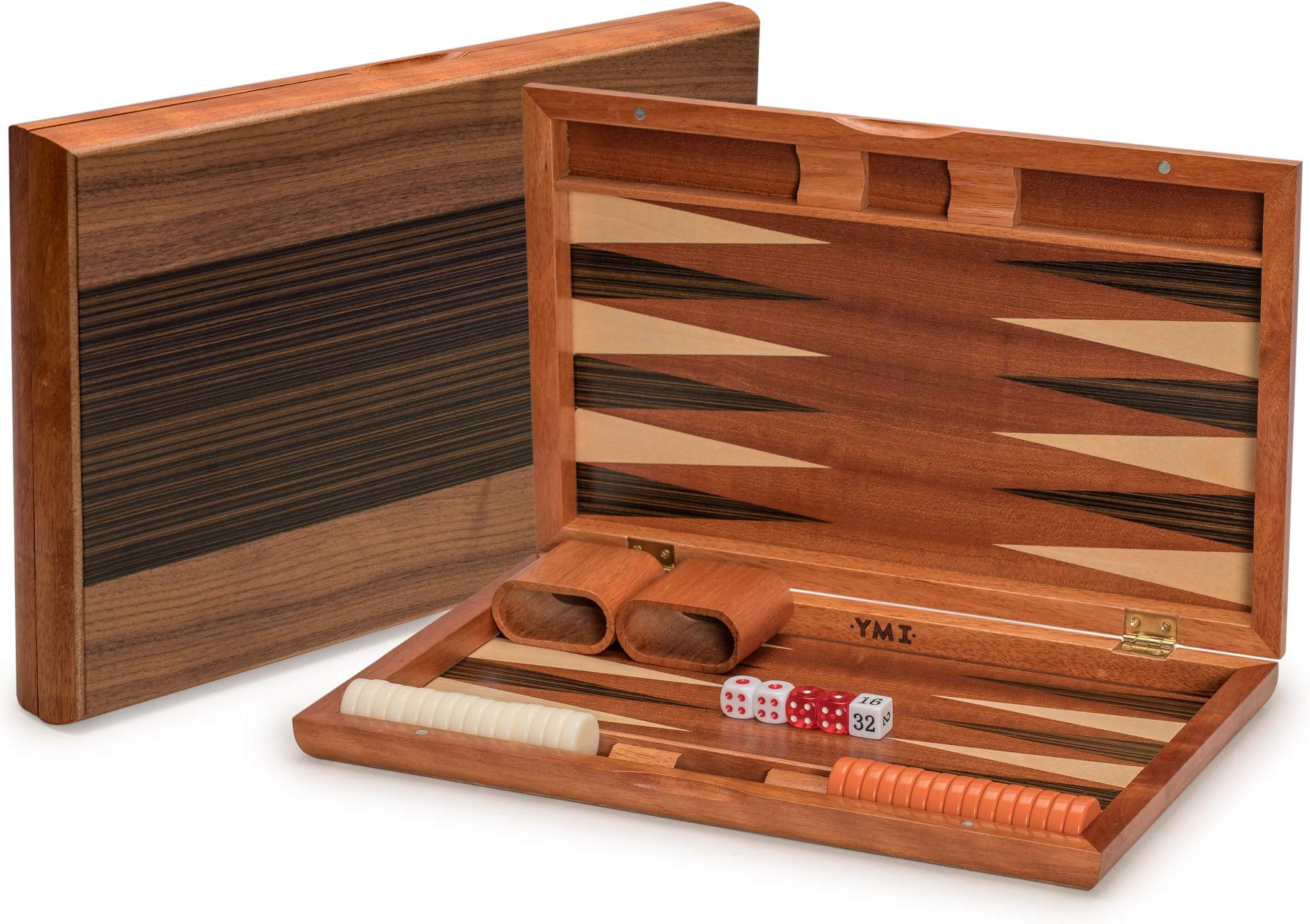 Yellow Mountain Imports Wooden Inlaid Backgammon Game Set, Pasadena - Classic Strategy Board Game Set with Acrylic Playing Pieces & Wooden Dice Cups, 15-inch Board