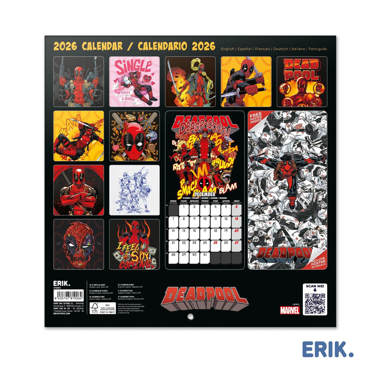 Grupo Erik Wall Calendar 2026 - Marvel Deadpool Calendar 2026 | Square 30 x 30 cm - 12 x 12 inches Wall Planner, Family Planner Month To View | Deadpool Gifts, Marvel Gifts For Friends