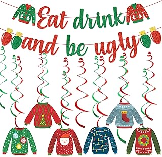 Eat Drink And Be Ugly Banner Ugly Christmas Sweater Decorations Ugly Sweater Party Supplies Ugly Christmas Sweater Party Christmas Decorations for Party Ugly Sweater Decorations