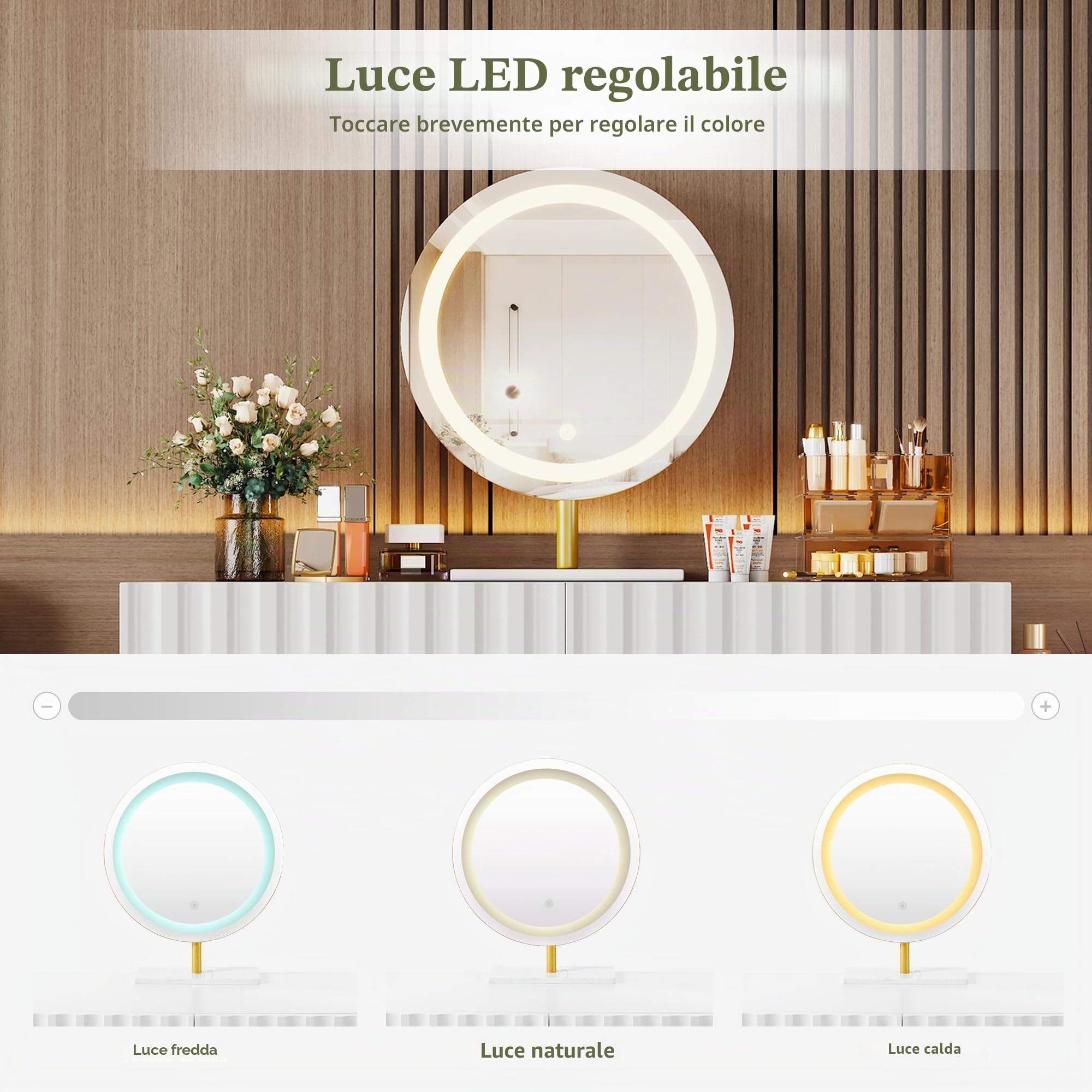 Lcoho Tavolo da toeletta con specchio a LED e illuminazione - Set da toeletta bianco per camera da letto con 5 cassetti spaziosi - Dimensioni: B100/H127/T40 cm (senza sgabello)