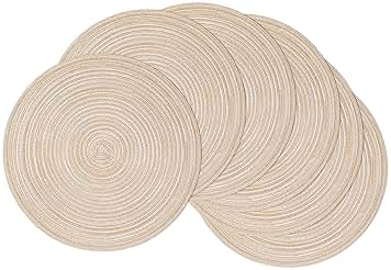 SHACOS 15 inch Round Braided Placemats Set of 6 Non Slip Heat Resistant Cotton Polyester Table Mats Washable Place Mats for Kitchen Dining Party Table Decor (Beige, 6)