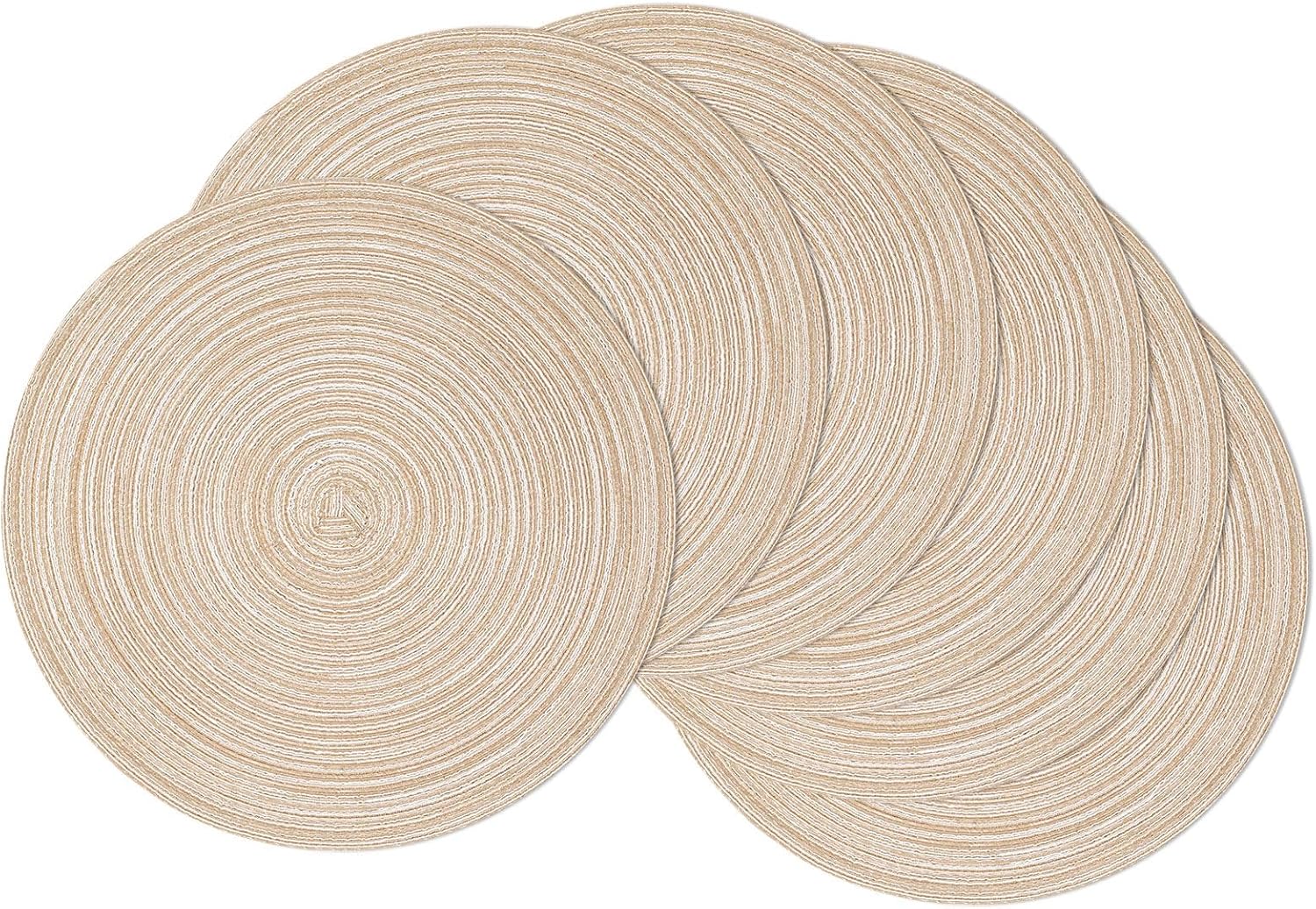 SHACOS 15 inch Round Braided Placemats Set of 6 Non Slip Heat Resistant Cotton Polyester Table Mats Washable Place Mats for Kitchen Dining Party Table Decor (Beige, 6) Beige 6