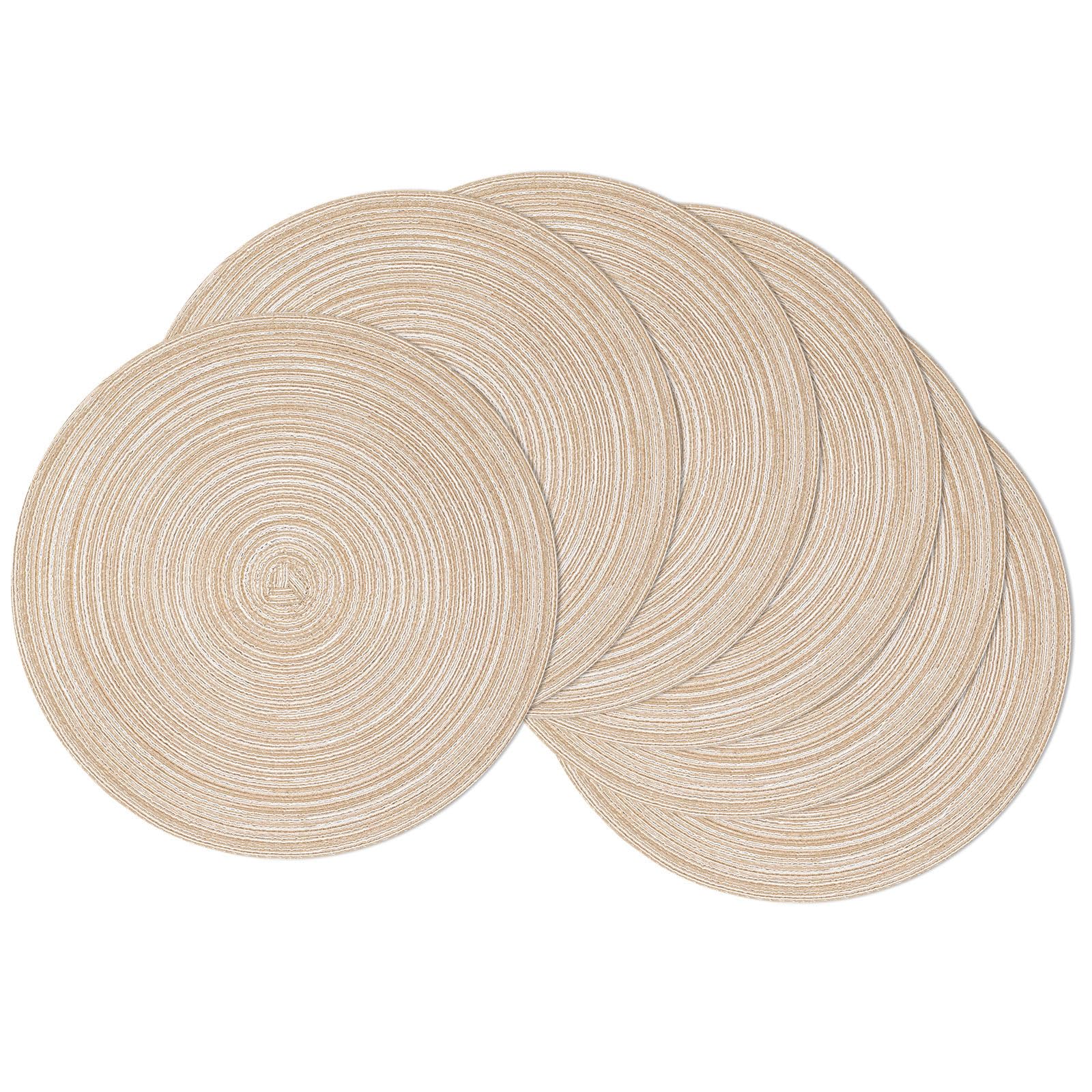 SHACOS 15 inch Round Braided Placemats Set of 6 Non Slip Heat Resistant Cotton Polyester Table Mats Washable Place Mats for Kitchen Dining Party Table Decor (Beige, 6)