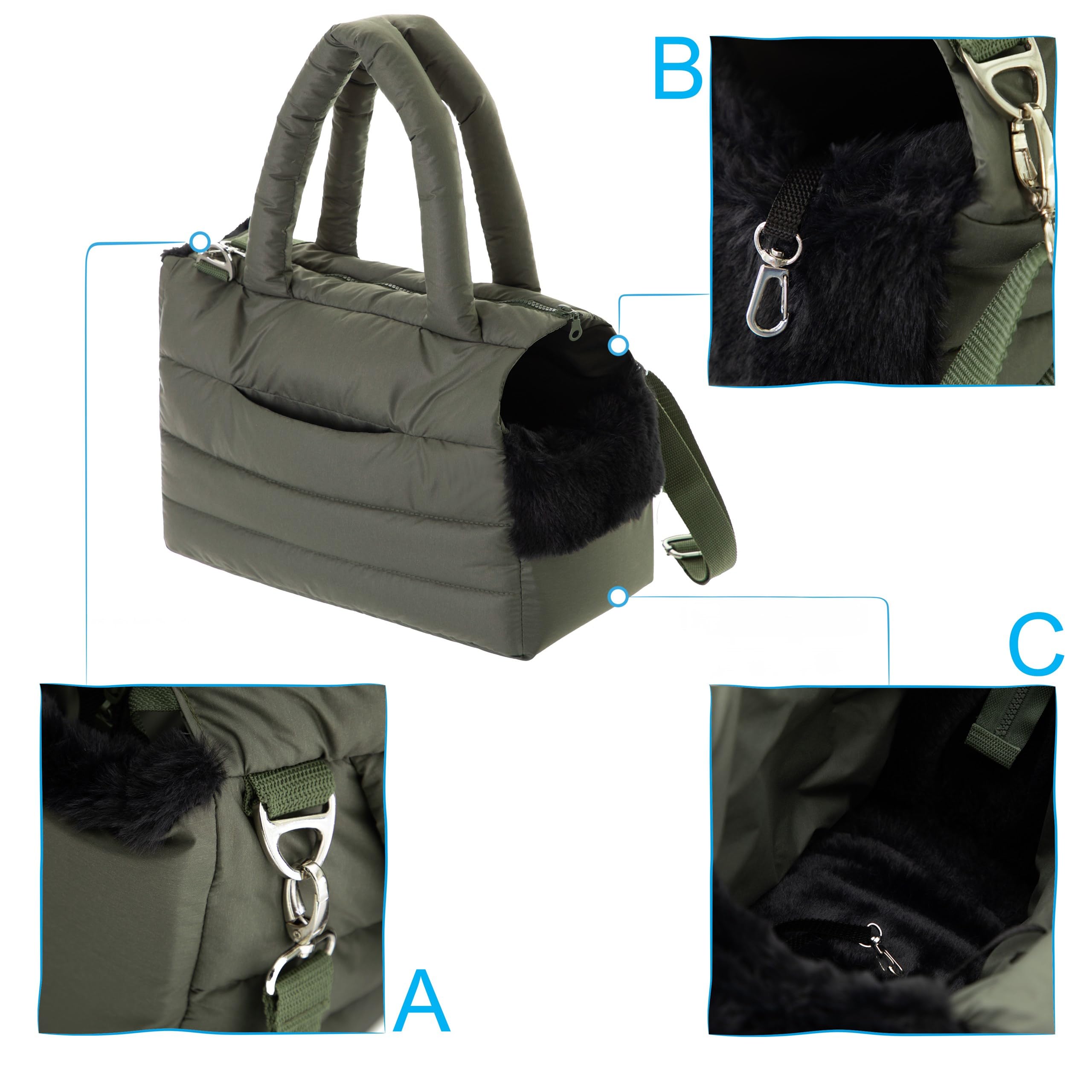 Bolsa de transporte para perros y gatos – Bolsa de viaje para perros, bolso de hombro para mascotas con banda elástica con mosquetón, hasta 8 kg, color verde oliva