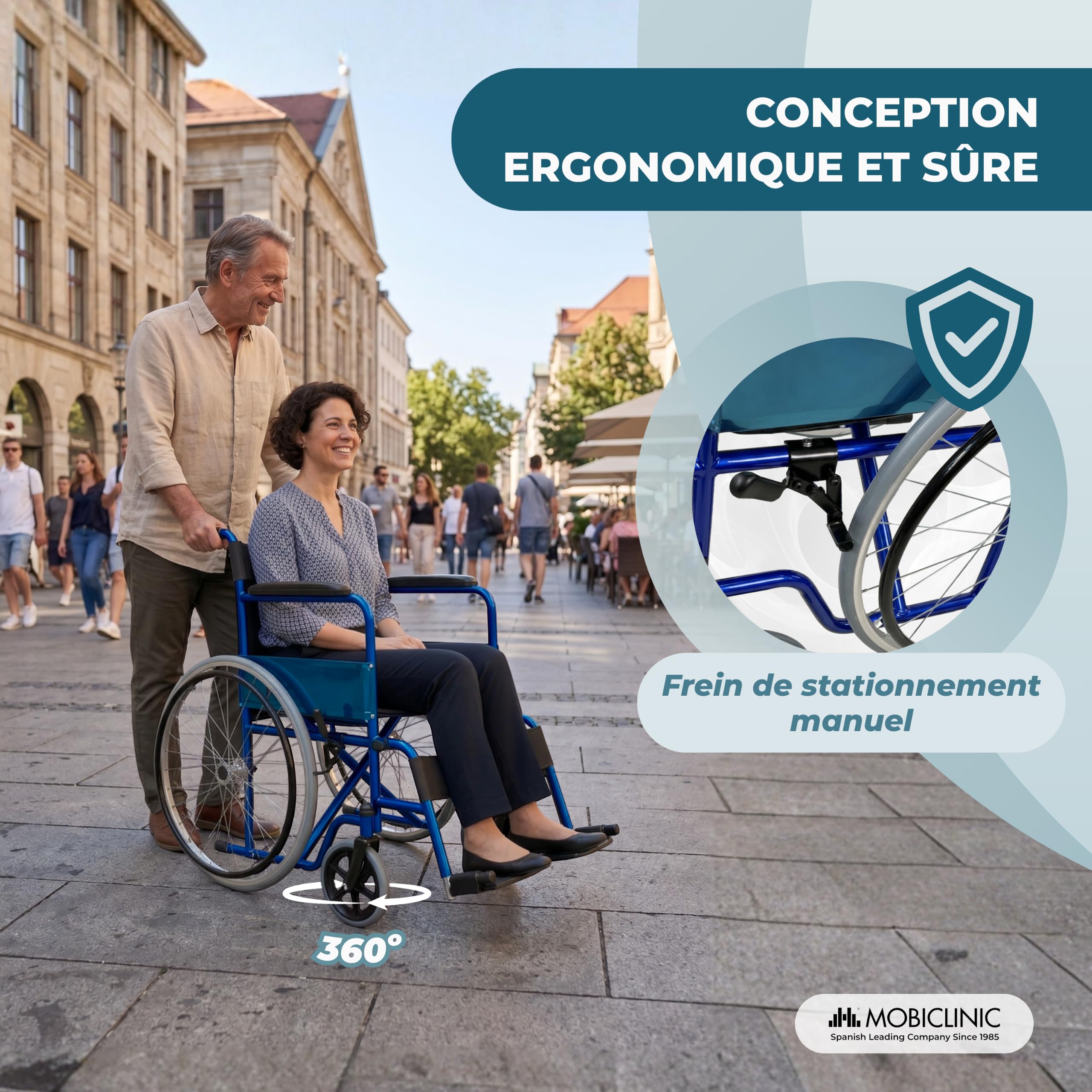 Mobiclinic®, Fauteuil roulant pliant, Alcázar, Marque européenne, Siège 46 cm, Frein manuel, Accoudoirs fixes et repose-pieds pliants, Pour personnes handicapées, Couleur bleu/noir