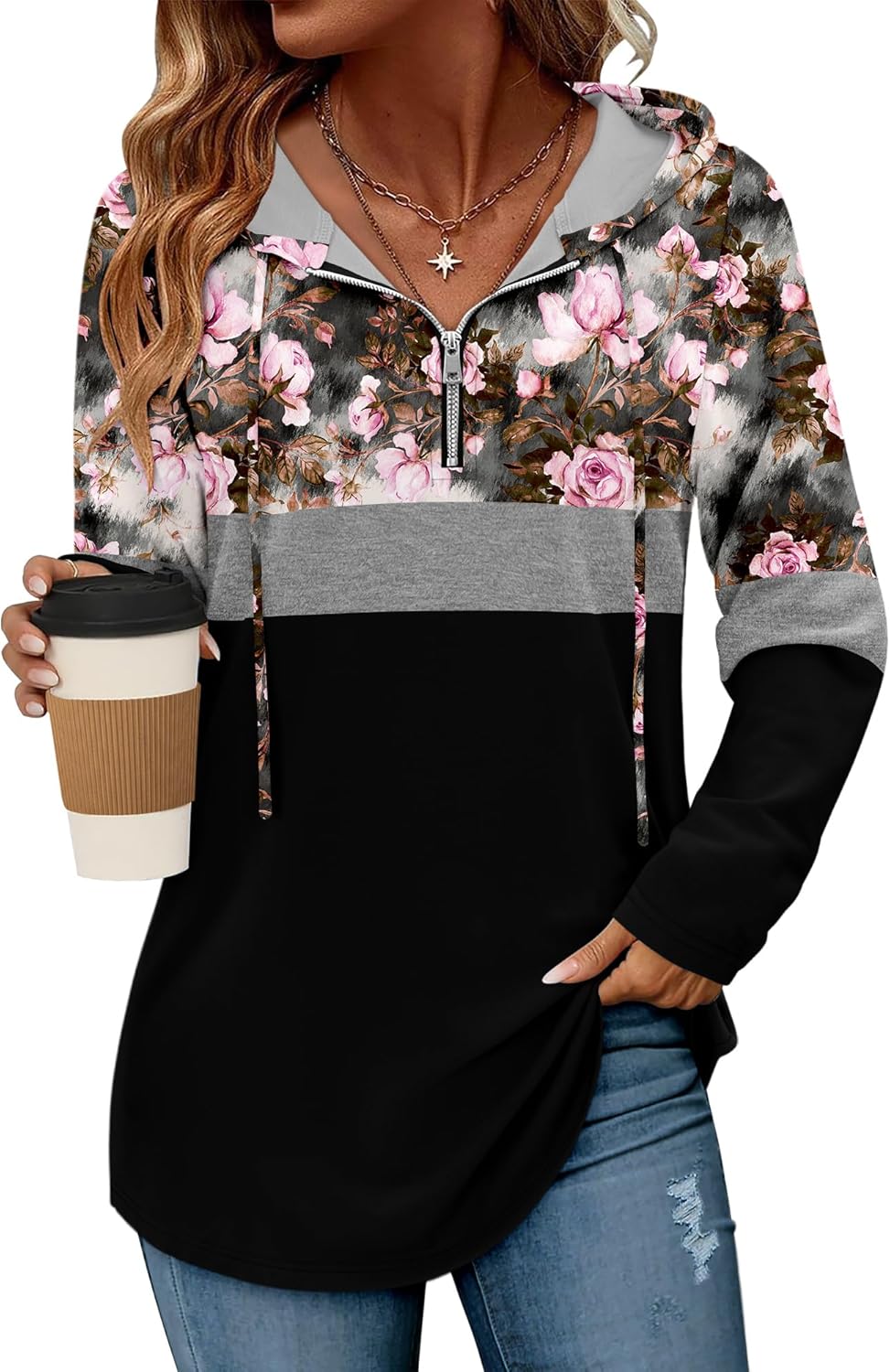 BETTE BOUTIK Womens Quarter Zip Tunic Hoodies Pullover Long Hooded Sweatshirts S-3XL