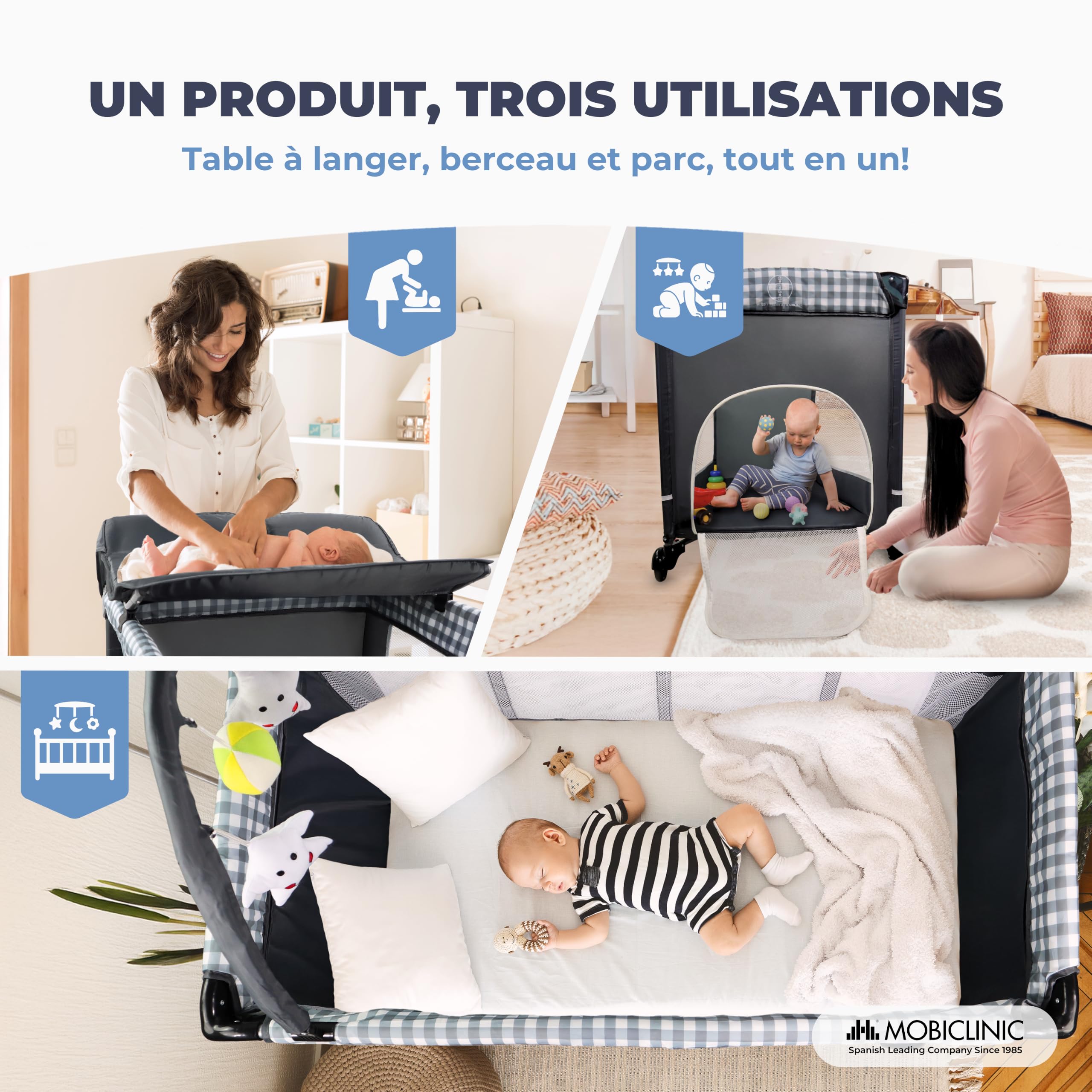 Mobiclinic®, 3 en 1 lit Parapluie bébé, De Voyage à 2 Niveaux, Table Lange, Parc Berceau, Entrée latérale, Sac Transport, Caelum, Roues avec Frein, Max.15 kg, Poche Rangement