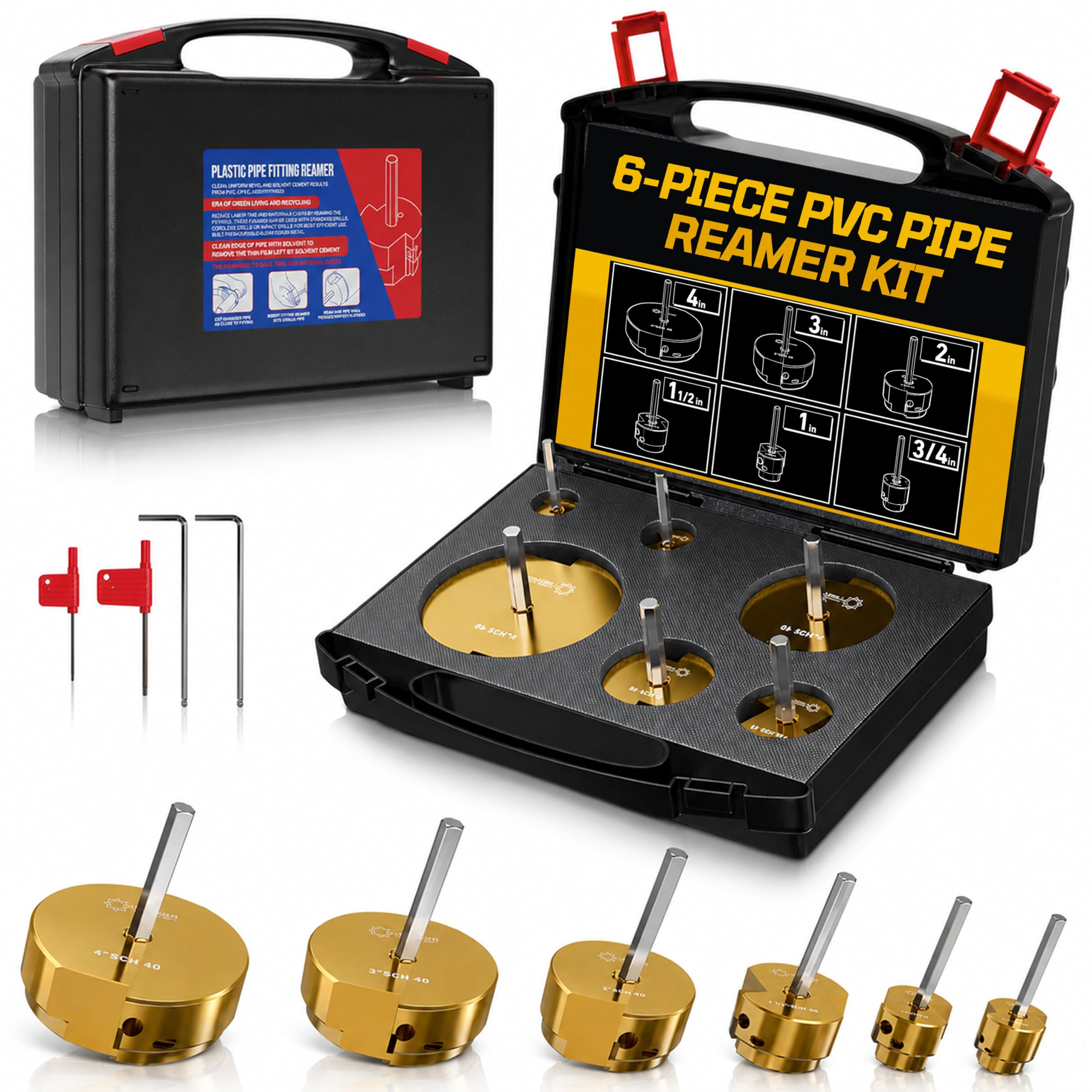 Kit de escariador de tubo de PVC de doble hoja equilibrado, 6 piezas (3/10.2 cm, 2.5 cm, 1-1/5.1 cm, 5.1 cm, 7.6 cm, 10.2 cm), protector de montaje de PVC, kit de escariador de PVC, kit de fontanería