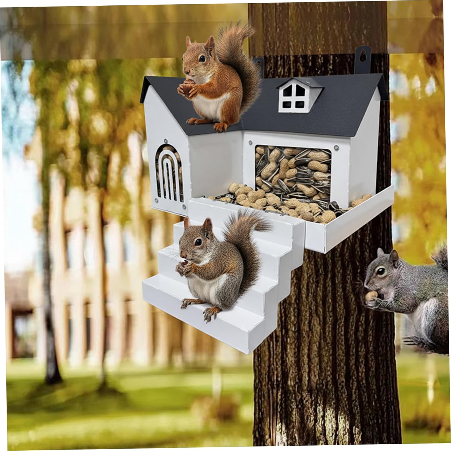 Squirrel Houses for Outside, 9.4×7.3×6.4" Iron Squirrel Feeder with Clear Window & Step for Backyard, Garden, Outdoor