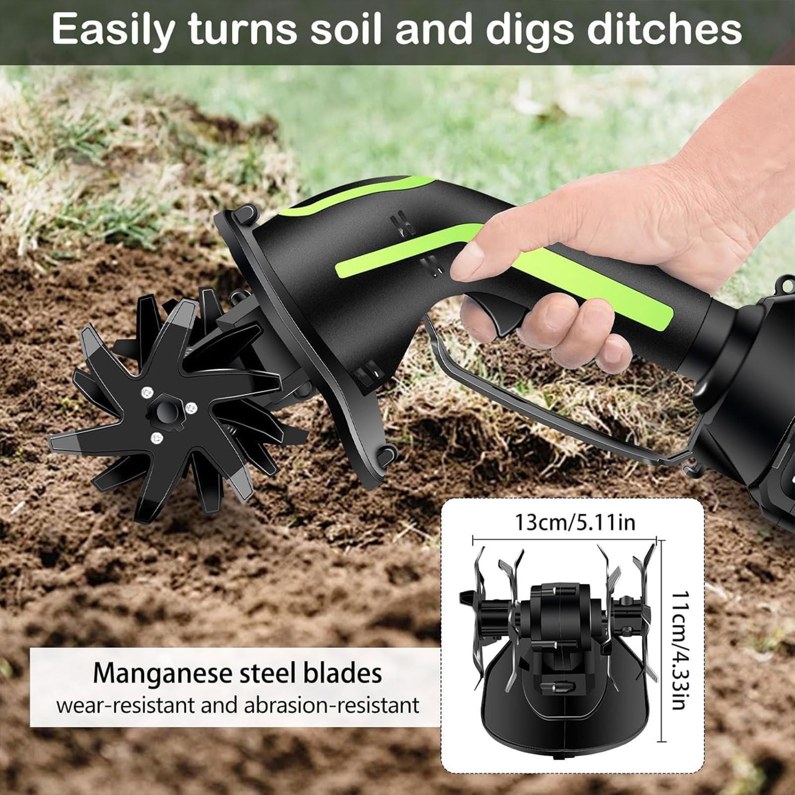 Generico Motozappa Senza Fili, Coltivatore Elettrico da Giardino con Manico Estensibile, profondità 10cm, 4 Lame Mini Fresatrice Manuale per Giardinaggio e Aiuole