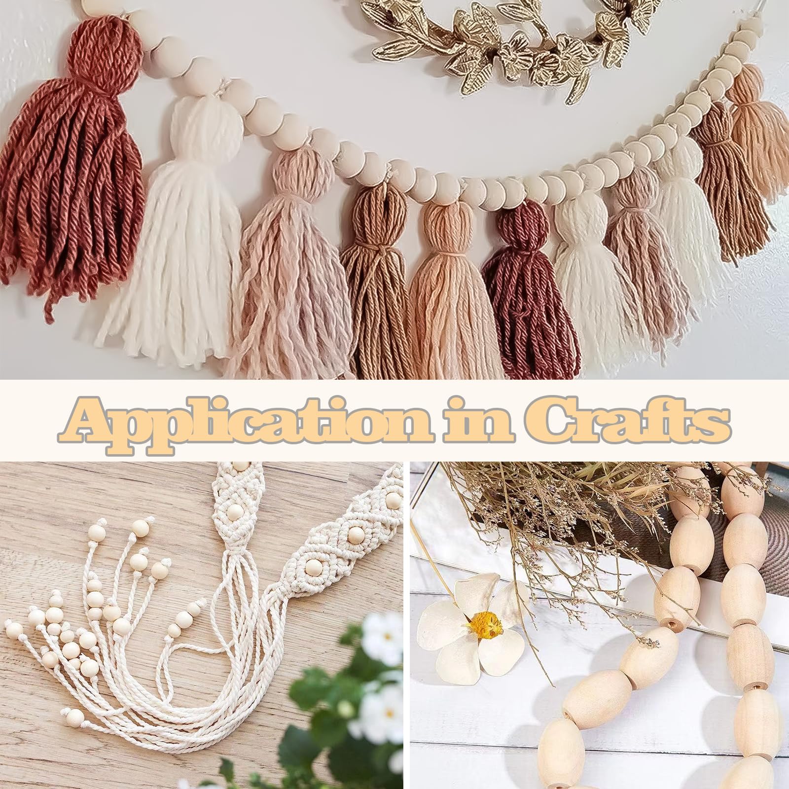 120 PCS Kit per lavorazione perline - legno naturale ovali e rotonde con grandi fori non finiti per macramè, artigianato fai da te, gioielli e decorazioni per la casa