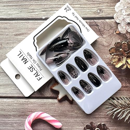 Uñas postizas a presión de almendra, uñas postizas de Halloween, cobertura completa, longitud media, uñas postizas de araña negra con purpurina