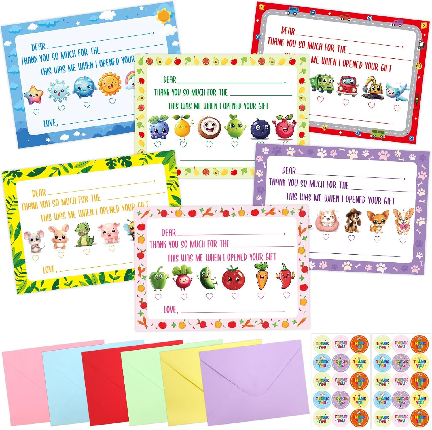 Treasure Cove Kids Fill in the Blank Thank You Cards Thank You Notes with Envelopes Colorful Double-Sided Greeting Cards for Teacher Boys Girls Birthday Party Decorations Favors 24 Pcs