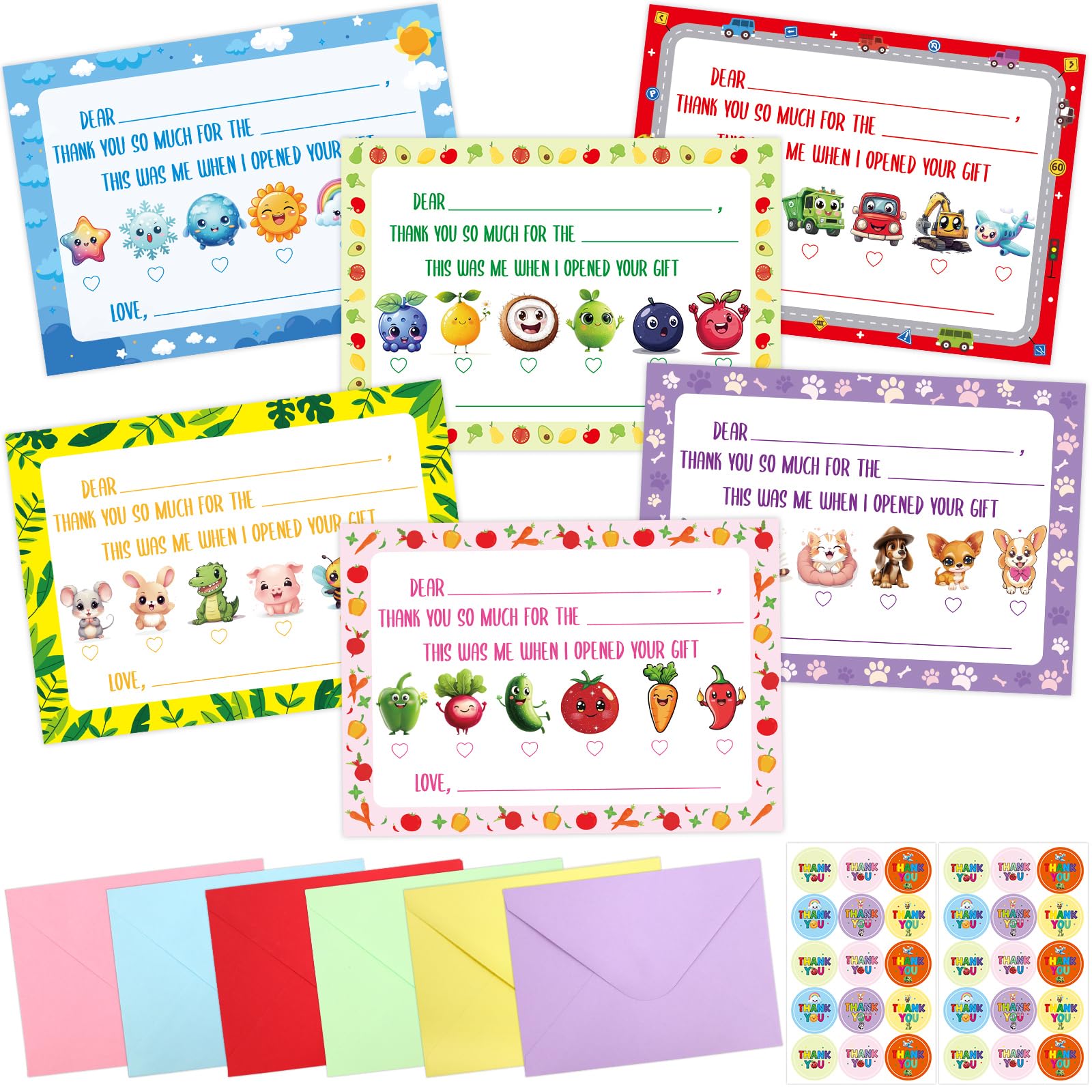 Treasure Cove Kids Fill in the Blank Thank You Cards Thank You Notes with Envelopes Colorful Double-Sided Greeting Cards for Teacher Boys Girls