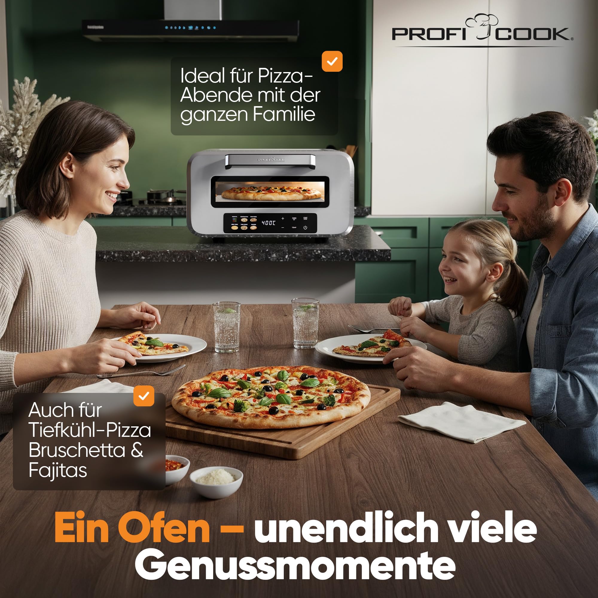 ProfiCook® Pizzaofen elektrisch | 400°C | echter Pizzastein | inkl. Pizzaheber | variable Zeit und Temperatureinstellung | Pizza Ofen Elektro | für Pizza in unter 5 min. | Pizzamaker | PC PO 1323