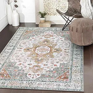 Moynesa Ultra-Thin Washable Area Rug - 3x5 Entryway Rug Washable Bedroom Rug Non Slip Front Door Mat, Vintage Medallion Printed Indoor Carpet for Living Laundry Bathroom Vanity Foyer, Beige/Gold