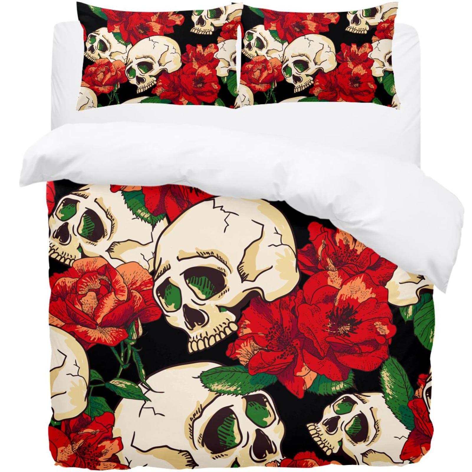 Parure de lit motif floral Halloween housse de couette drap de lit crâne skull avec taies d'oreiller