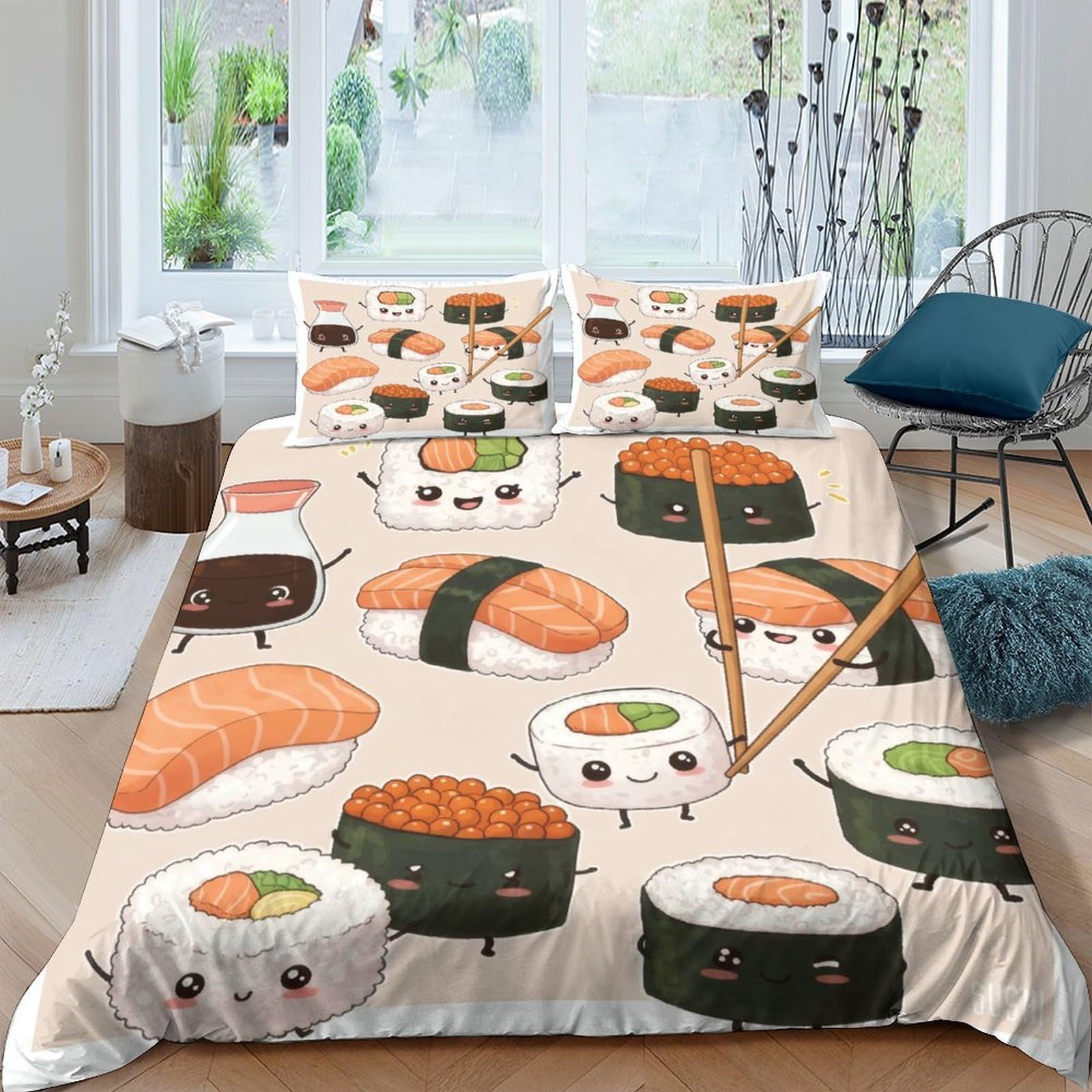 Ctjqhvkz Style-1 3D Printed Cute Sushi Fitted Sheet Microfiber Soft Cartoon Japanese Food Bed Cover For Bedroom Dorm Mattress Decor Single（135X200cm）