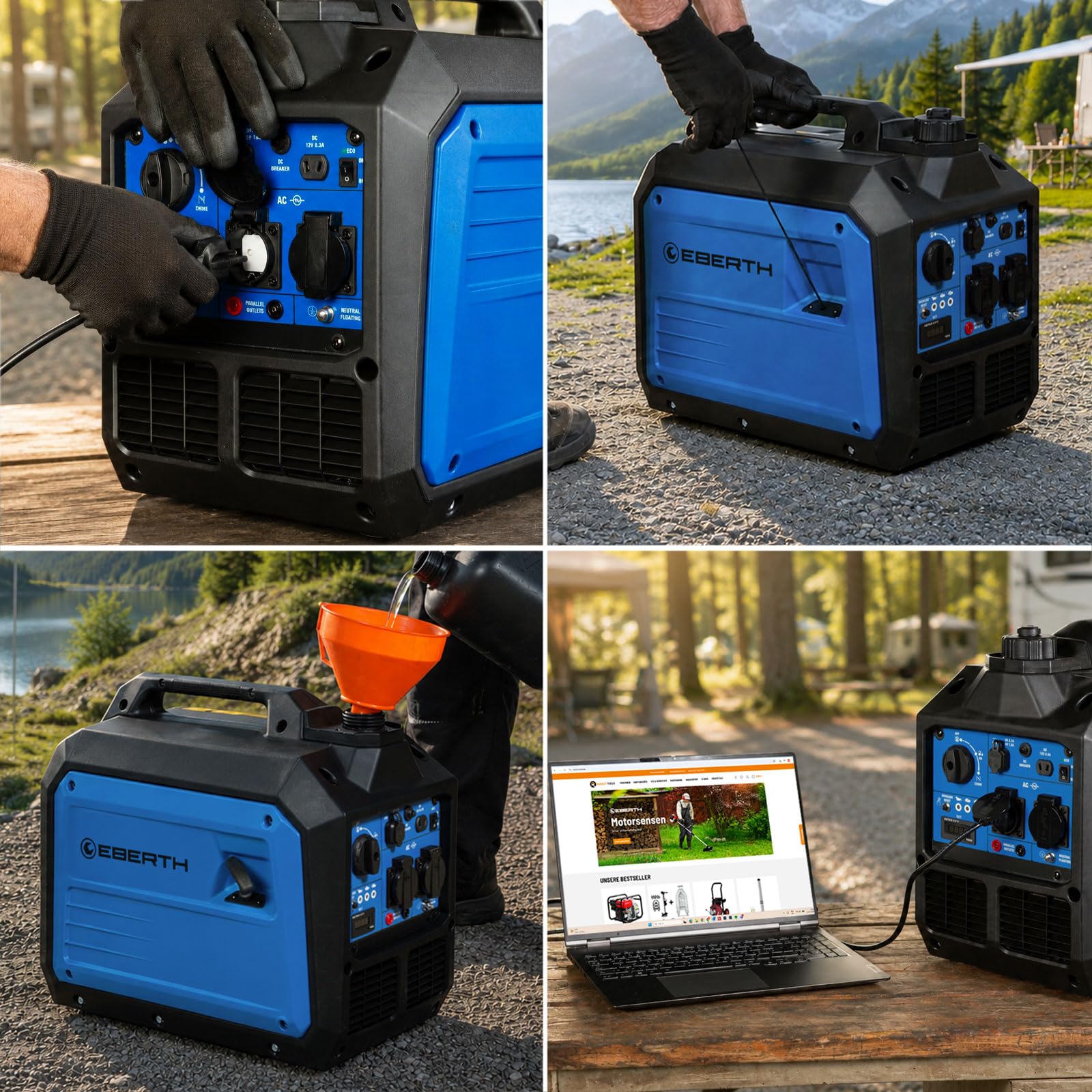 EBERTH 3500 Watt Inverter Stromerzeuger leise, Notstromaggregat Benzinmotor, 4-Takt, Stromgenerator 2x 230V Schuko, 12V und USB Anschluss, Invertertechnik reiner Sinus, ECO-Modus